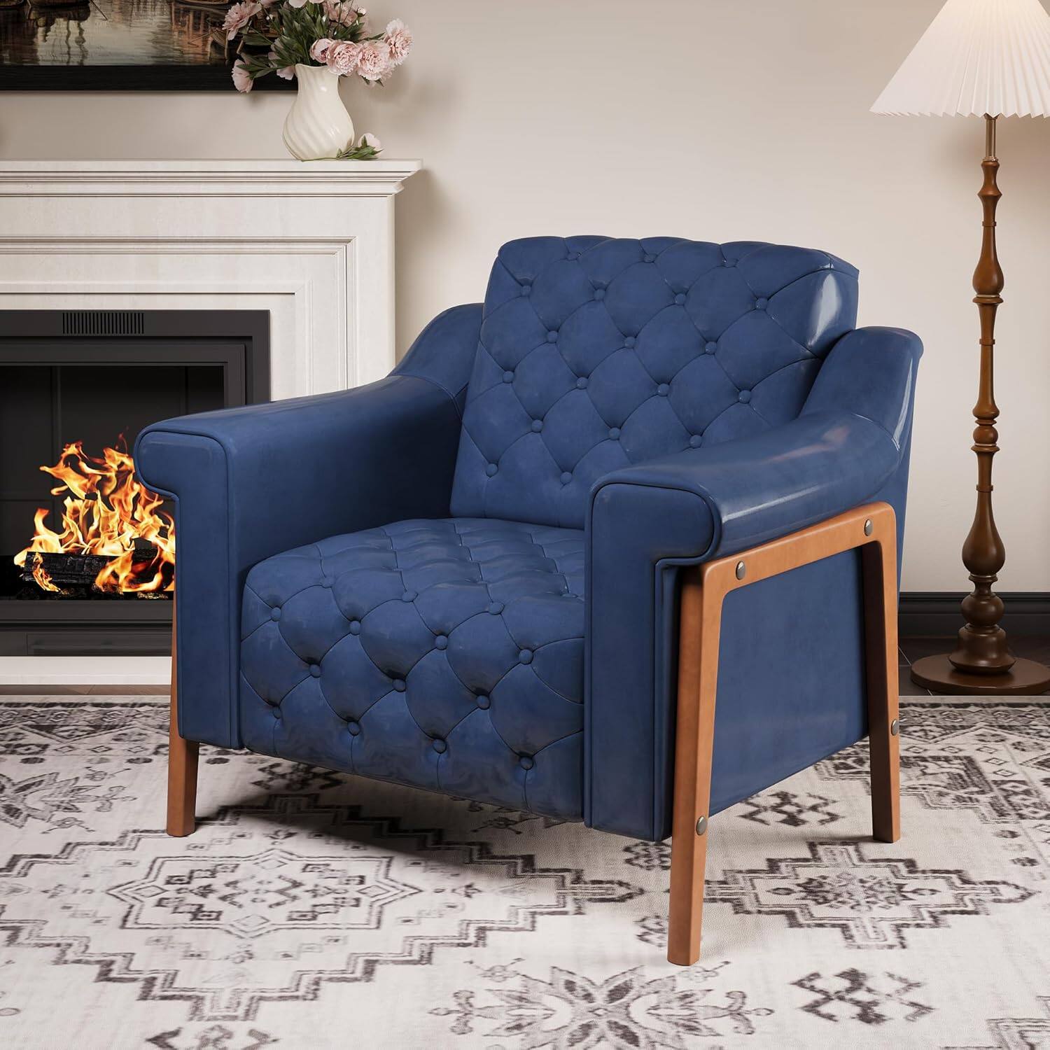 Tiramisubest - Cozy Accent Chair,PU Leather Modern Living Room Chairs,Mid-Century Office Reading Chair,Single Sofa - Dark Blue