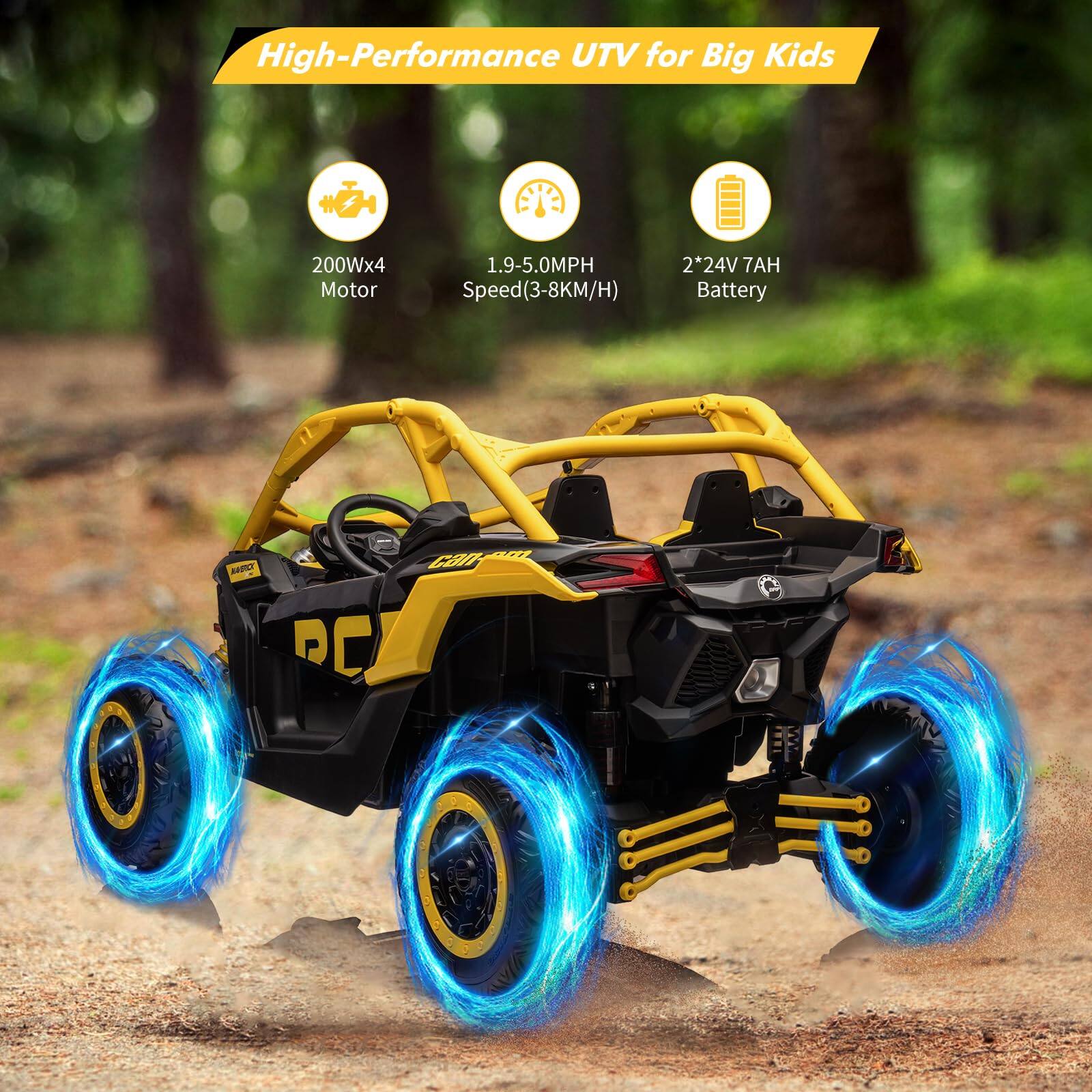 High-Performance UTV for Big Kids

- 200Wx4 Motor
- 1.9-5.0MPH Speed (3-8KM/H)
- 2x24V 7AH Battery
