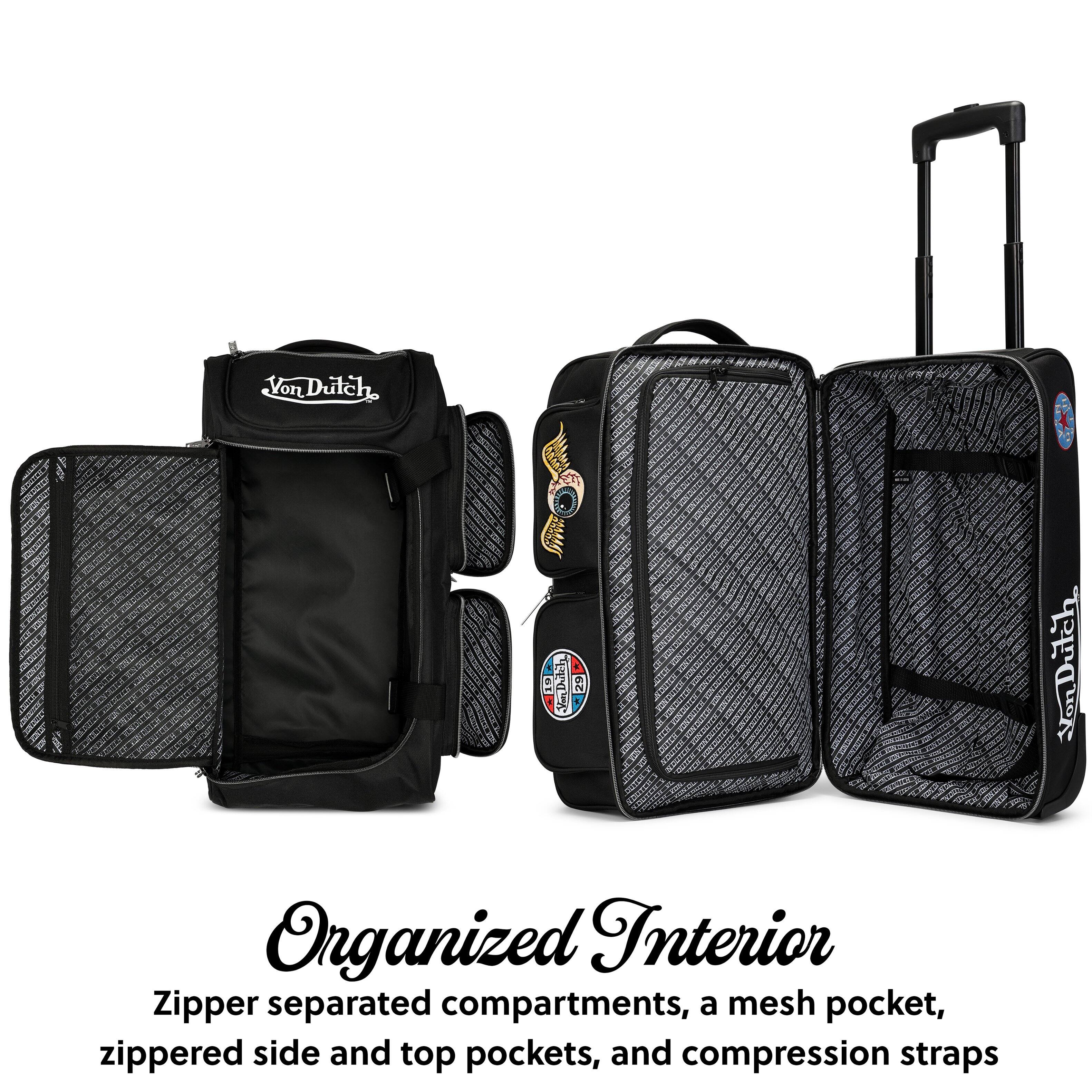 Von Dutch 19 Tutch 29 VonDutch Organized Interior Zipper separated compartments, a mesh pocket, zippered side and top pockets, and compression straps