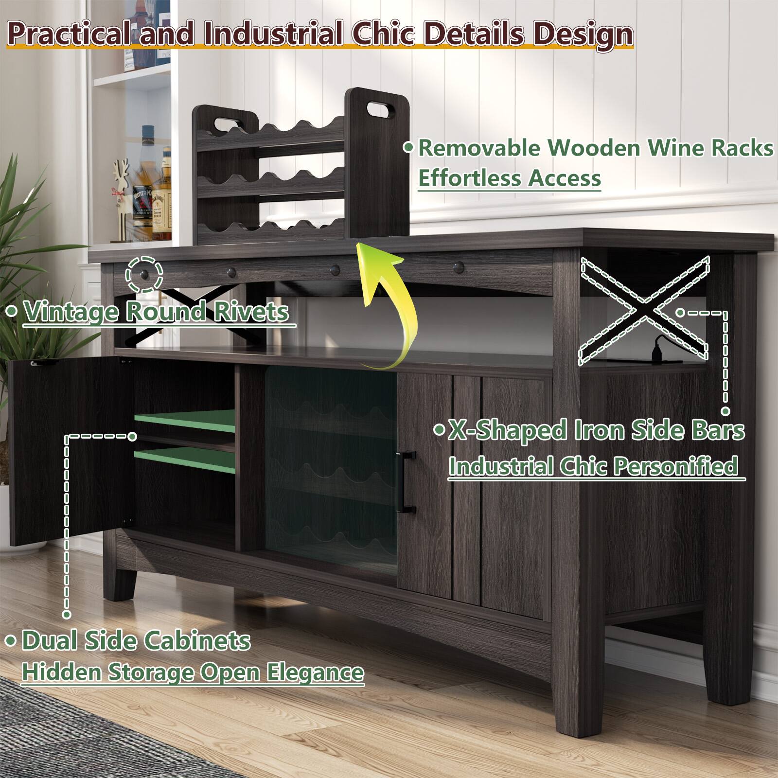Practical and Industrial Chic Details Design

- Vintage Round Rivets
- Removable Wooden Wine Racks Effortless Access
- Dual Side Cabinets Hidden Storage Open Elegance
- X-Shaped Iron Side Bars Industrial Chic Personified