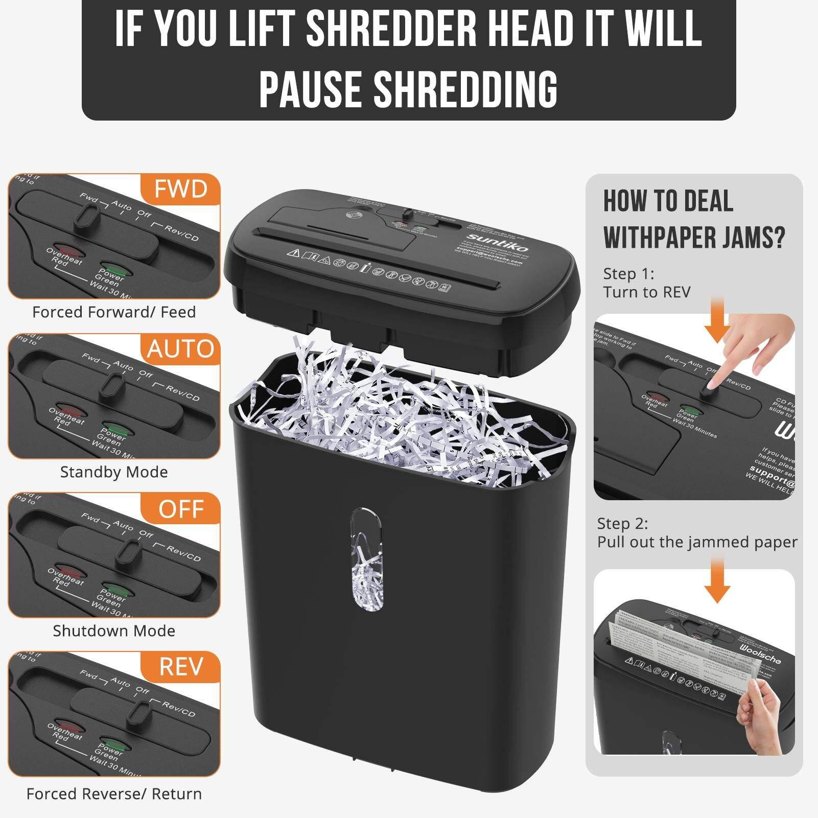 IF YOU LIFT SHREDDER HEAD IT WILL PAUSE SHREDDING

FWD
- Forced Forward/ Feed

AUTO
- Standby Mode

OFF
- Shutdown Mode

REV
- Forced Reverse/ Return

HOW TO DEAL WITH PAPER JAMS?
Step 1: Turn to REV
Step 2: Pull out the jammed paper