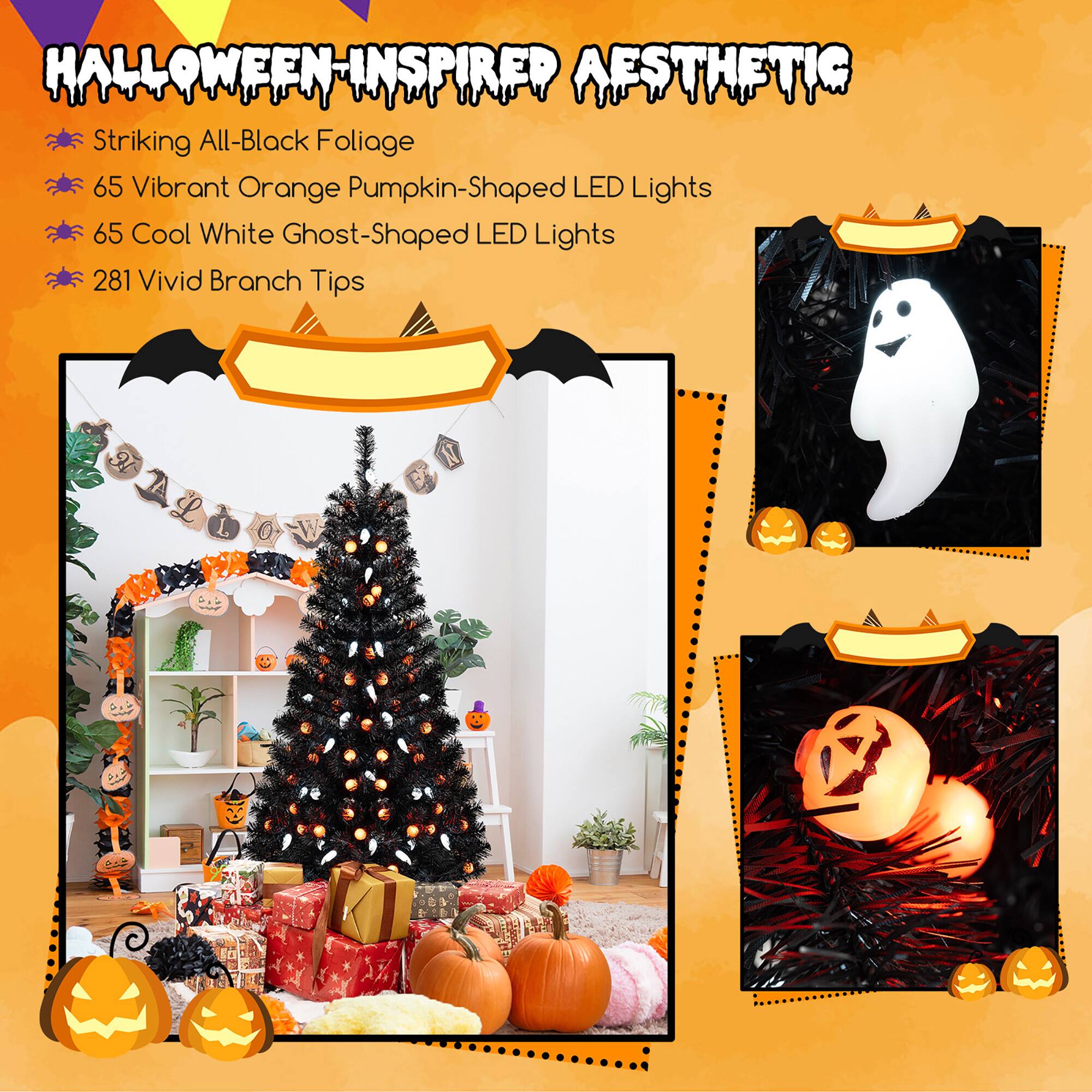 Halloween-Inspired Aesthetic

- Striking All-Black Foliage
- 65 Vibrant Orange Pumpkin-Shaped LED Lights
- 65 Cool White Ghost-Shaped LED Lights
- 281 Vivid Branch Tips