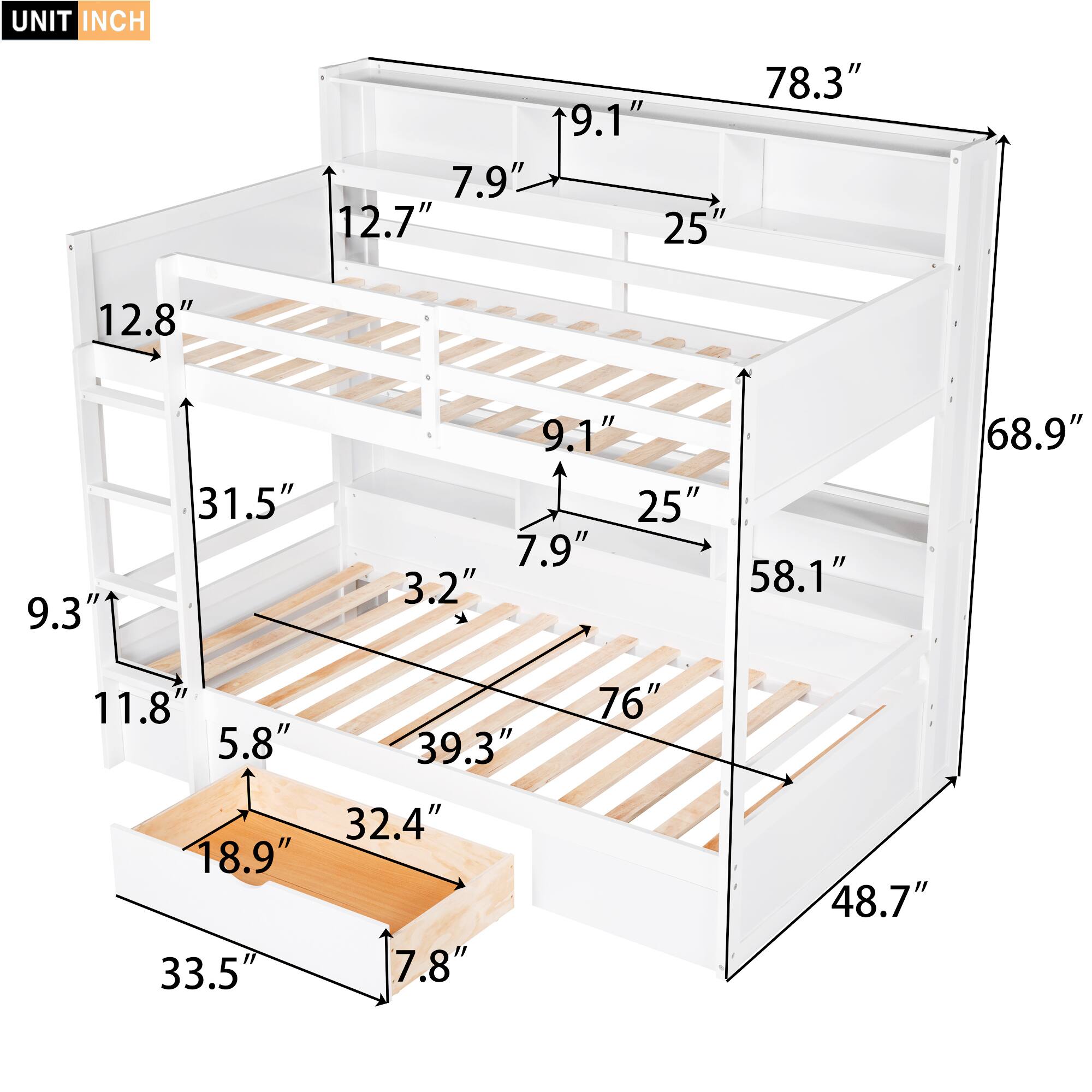 UNIT INCH

- 78.3"
- 68.9"
- 58.1"
- 48.7"
- 33.5"
- 32.4"
- 31.5"
- 25"
- 25"
- 12.8"
- 12.7"
- 9.3"
- 9.1"
- 9.1"
- 7.9"
- 7.9"
- 7.8"
- 5.8"
- 3.2"