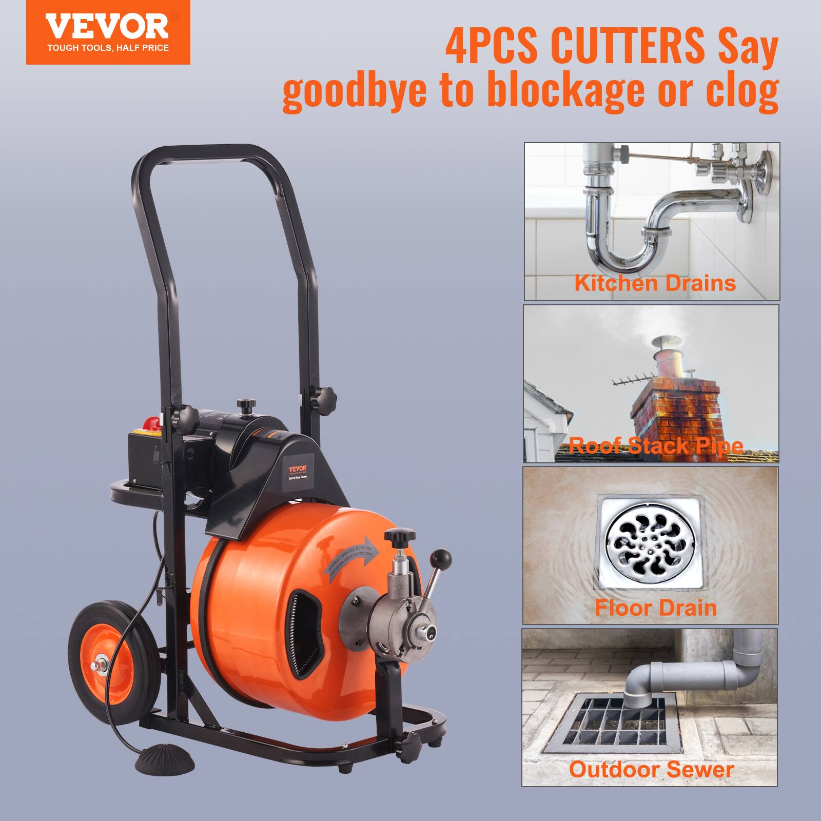 VEVOR TOUGH TOOLS. HALF PRICE 4PCS CUTTERS Say goodbye to blockage or clog
Kitchen Drains
Roof Stack Pipe
Floor Drain
Outdoor Sewer