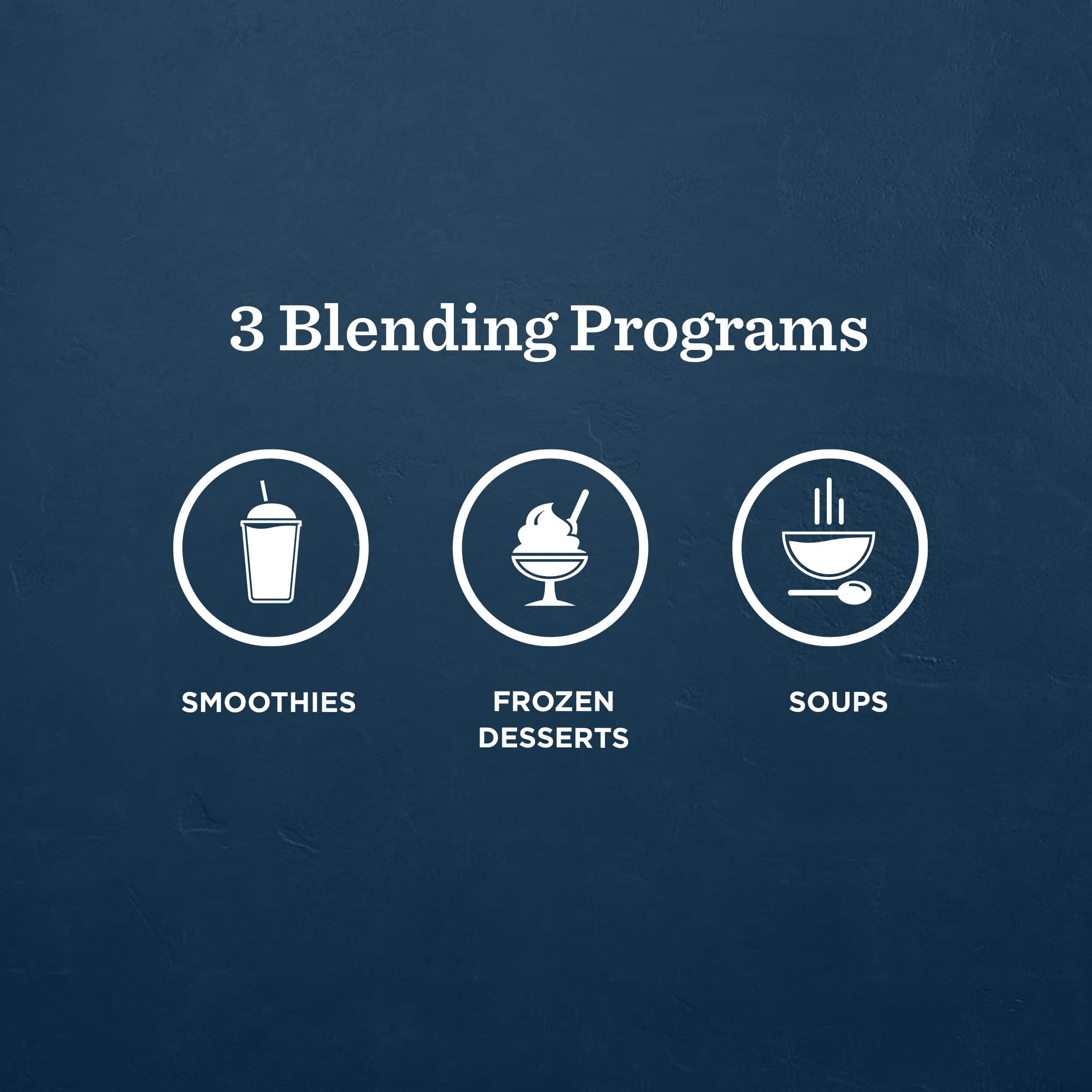3 Blending Programs
- SMOOTHIES
- FROZEN DESSERTS
- SOUPS