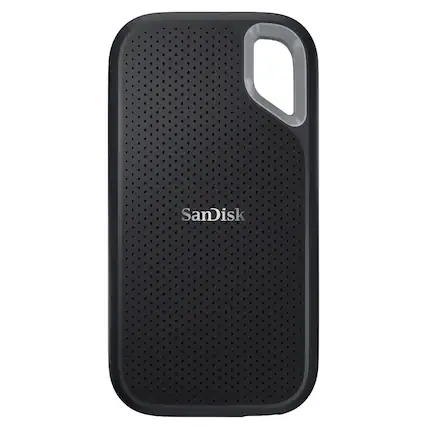 Front. SANDISK - Extreme Go Portable SSD 2TB, USB-C, NVMe, Up to 1050MB/s, IP65 Water and Dust Resistance - Black.