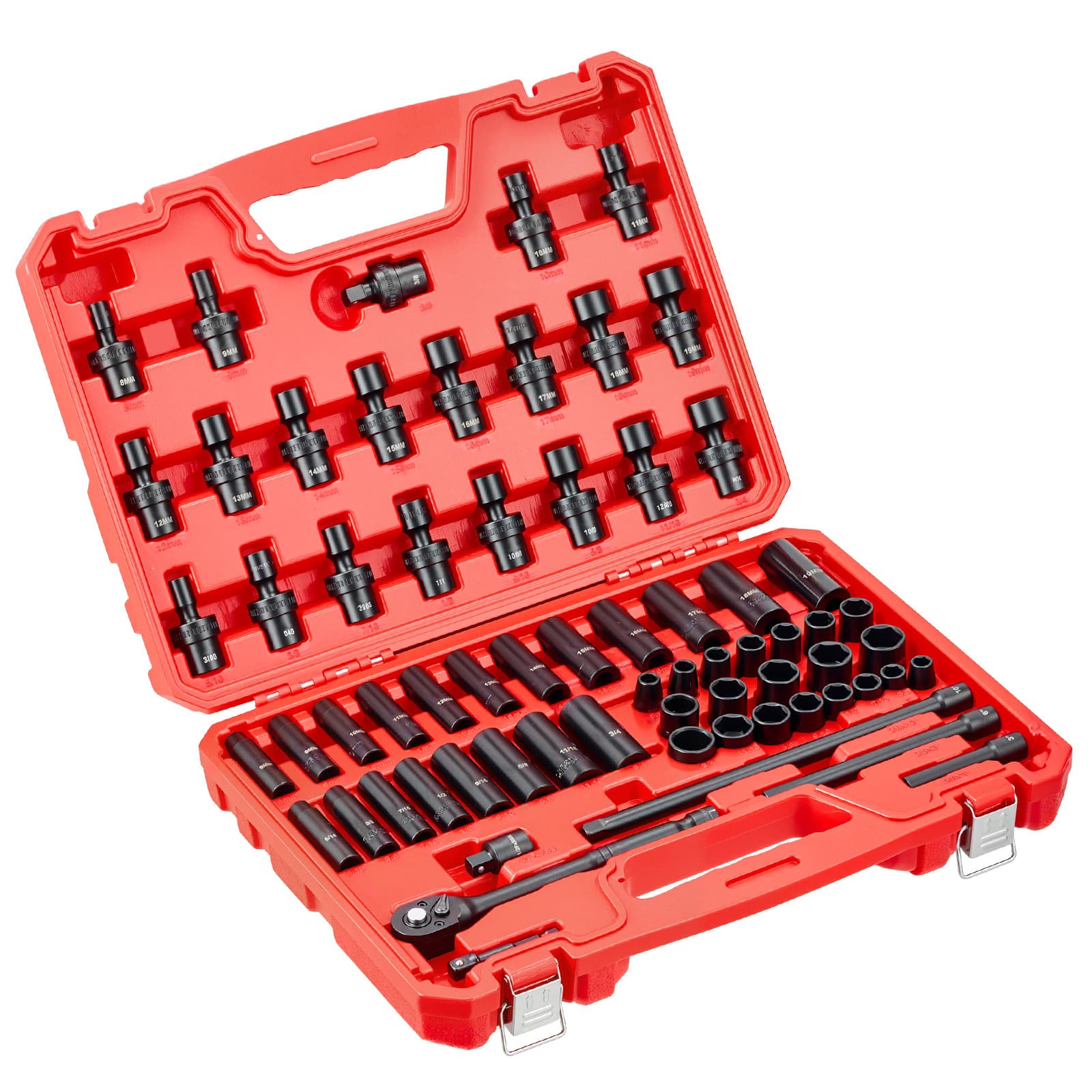 LOVMOR - 3/8 Drive 67 Piece Impact Socket Set 6 Point Shallow Deep Sockets SAE Metric Swivel Sockets Adapters with Storage Case