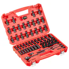 LOVMOR - 3/8 Drive 67 Piece Impact Socket Set 6 Point Shallow Deep Sockets SAE Metric Swivel Sockets Adapters with Storage Case