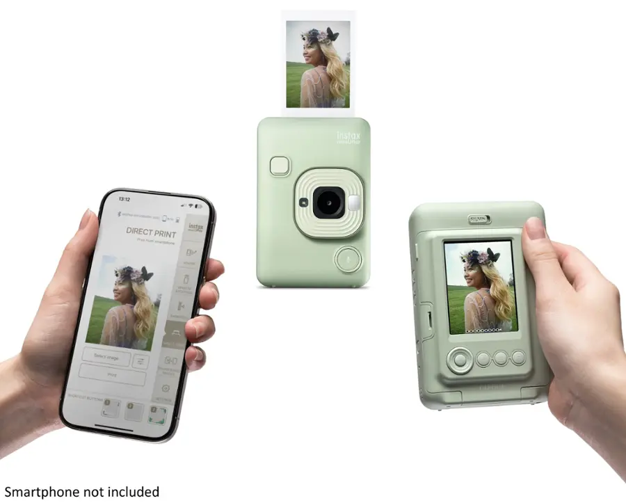The image features a person holding a smartphone and a camera, with the smartphone displaying a picture of the camera. The camera is an Instax Mini 11, and the smartphone is an iPhone. The text on the image reads "Instax Mini 11 / 12 ETA-0012000091 - ae Instax Direct Print smartphone not included."