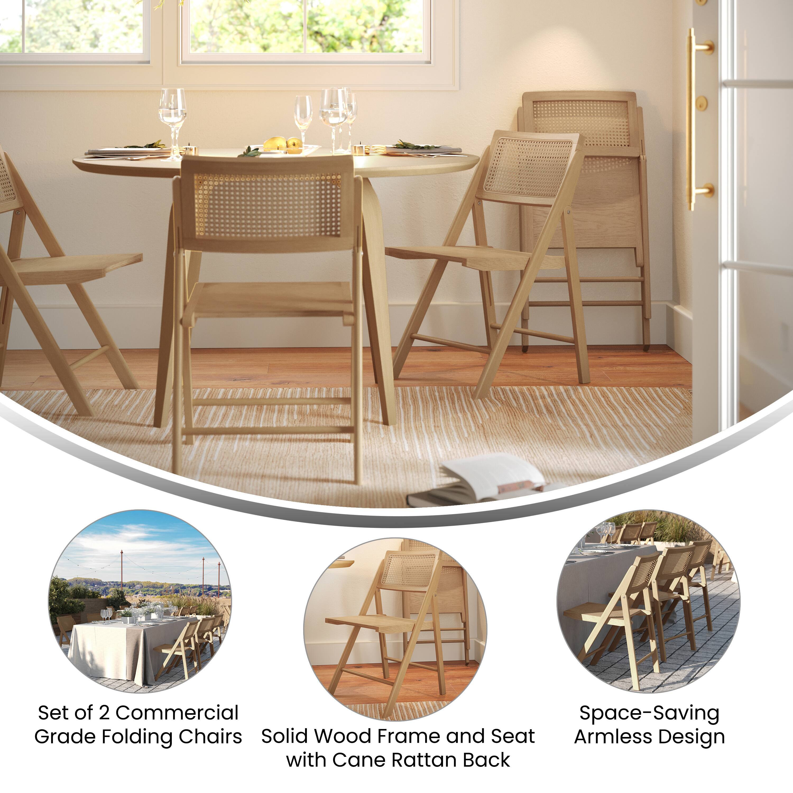 A Set of 2 Commercial Space-Saving Grade Folding Chairs  
Solid Wood Frame and Seat with Cane Rattan Back  
Armless Design