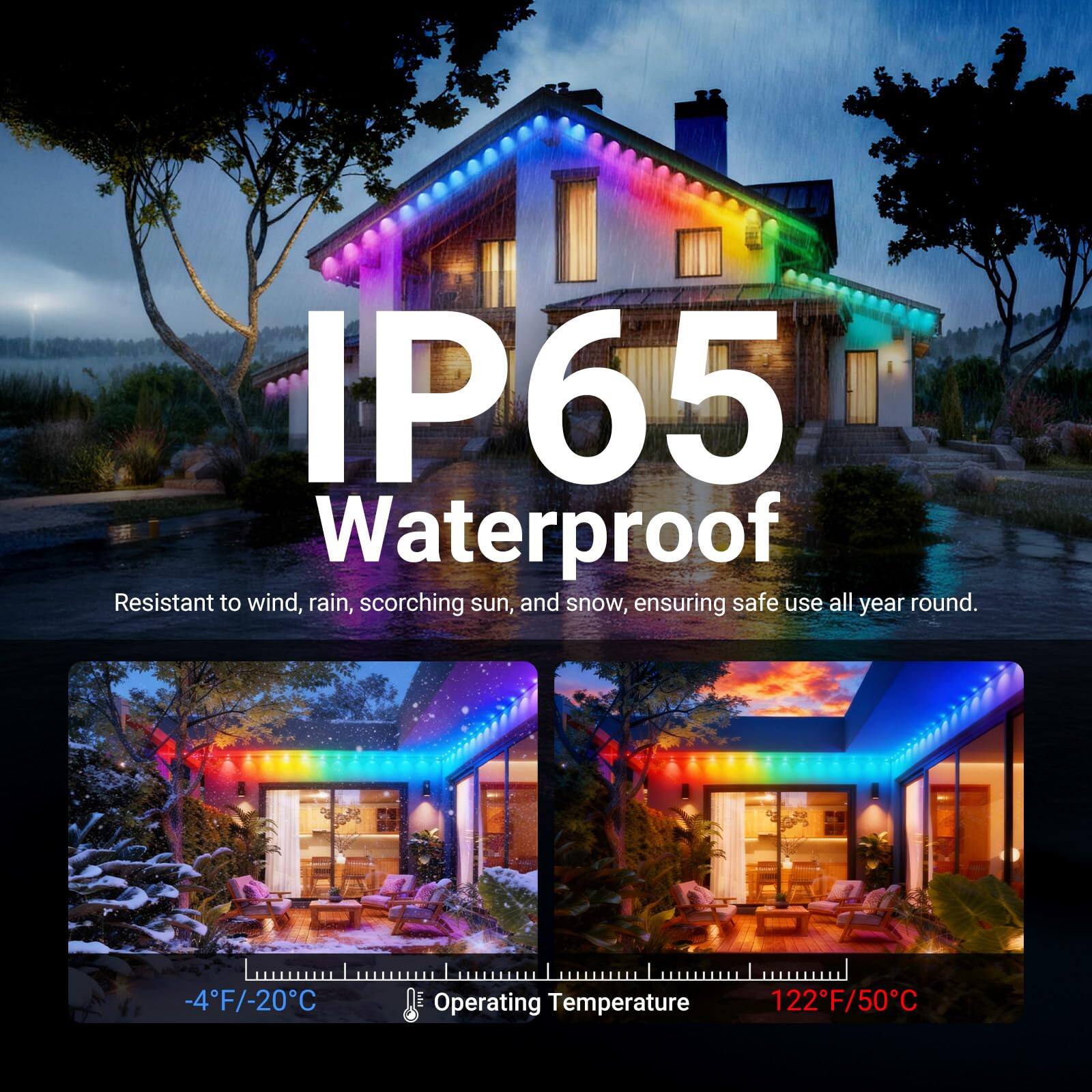 IP65 Waterproof  
Resistant to wind, rain, scorching sun, and snow, ensuring safe use all year round.  

Operating Temperature: -4°F/-20°C to 122°F/50°C
