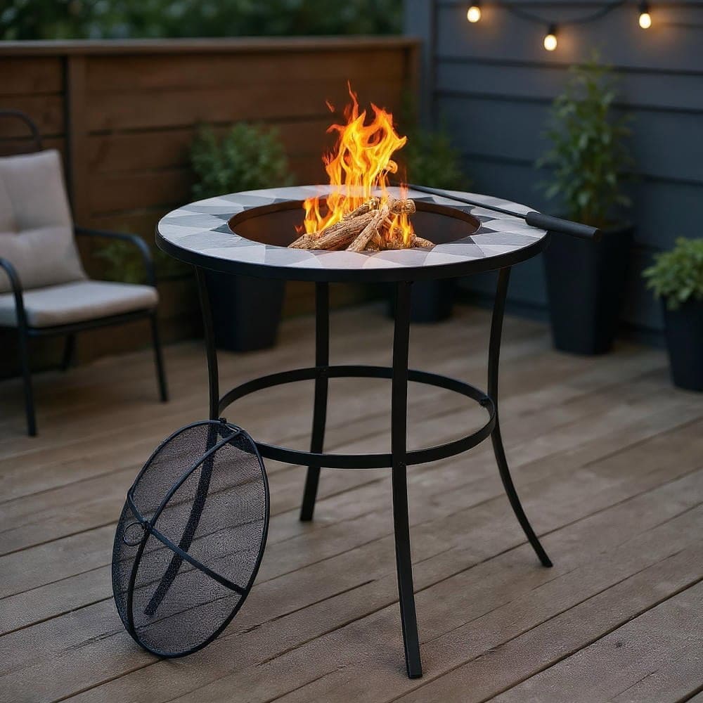Kadyn - Fire Pit Table Fire Bowl TableOutdoor Firepit Table235 Inches Round Fire Pit Table with Mesh Cover and Fire Poker - Black