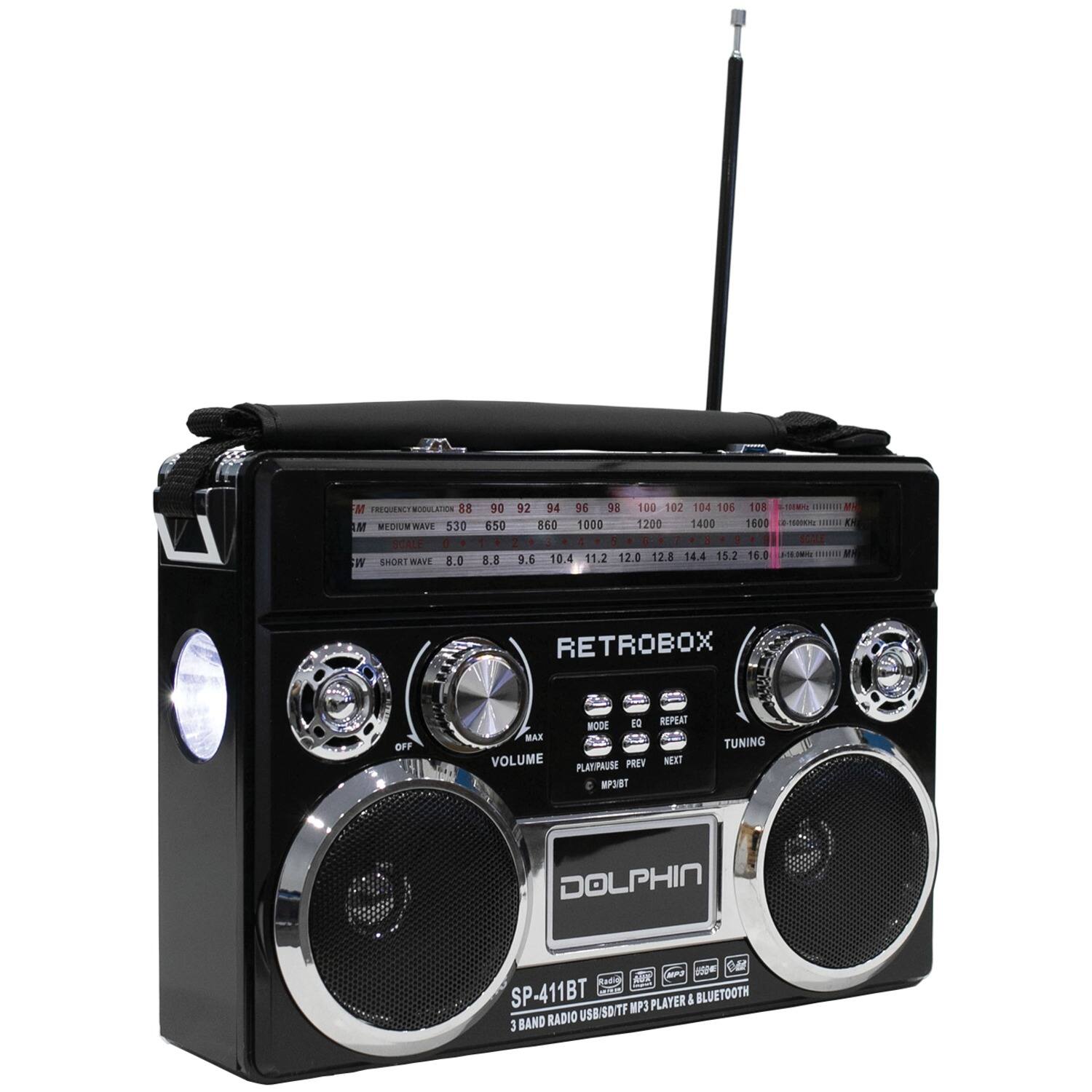 Sure, here is the corrected and grouped text from the image:

---

**RETROBOX**

**DOLPHIN**

**SP-411BT**

**3 BAND**

**RADIO USB/SDTFP3 PLAYER & BLUETOOTH**

**FREQUENCY MODULATION**  
88 90 92 94 96 98 100 102 104 106 108 110 112 114 116 118 120 122 124 126 128 130 132 134 136 138 140 142 144 146 148 150 152 154 156 158 160

**MEDIUM WAVE**  
530 650 800 1000 1200 1400 1600

**SHORT WAVE**  
8.0 8.8