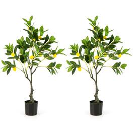 Costway - 2 PCS 2.6 FT Tall Artificial Lemon Tree with Lemon Fruits, Cement Pot for Porch, Office - Green,Yellow,Black