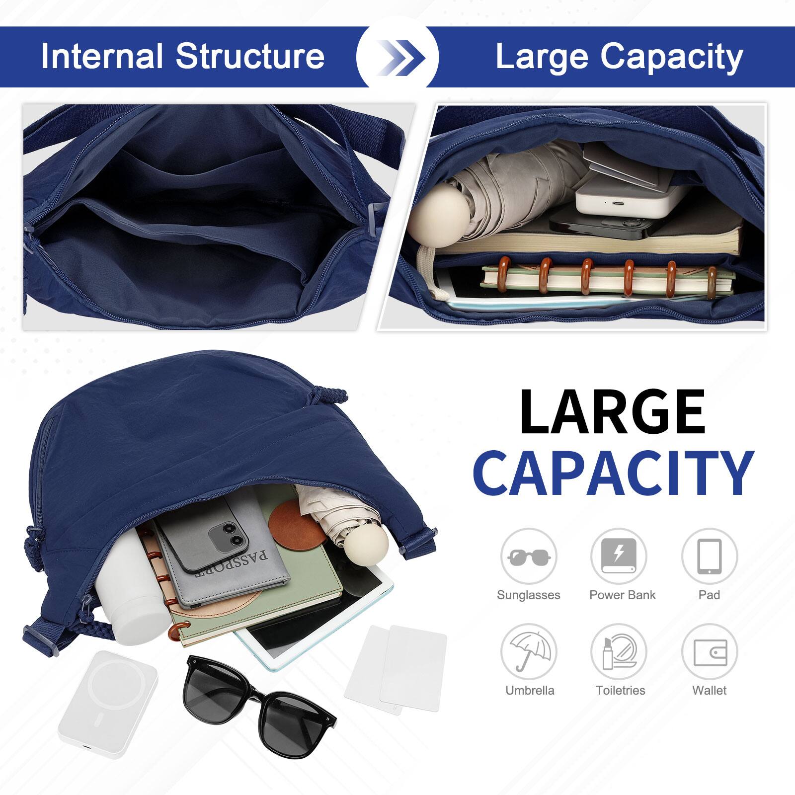 Internal Structure Large Capacity

LARGE CAPACITY

- Sunglasses
- Power Bank
- Pad
- Umbrella
- Toiletries
- Wallet