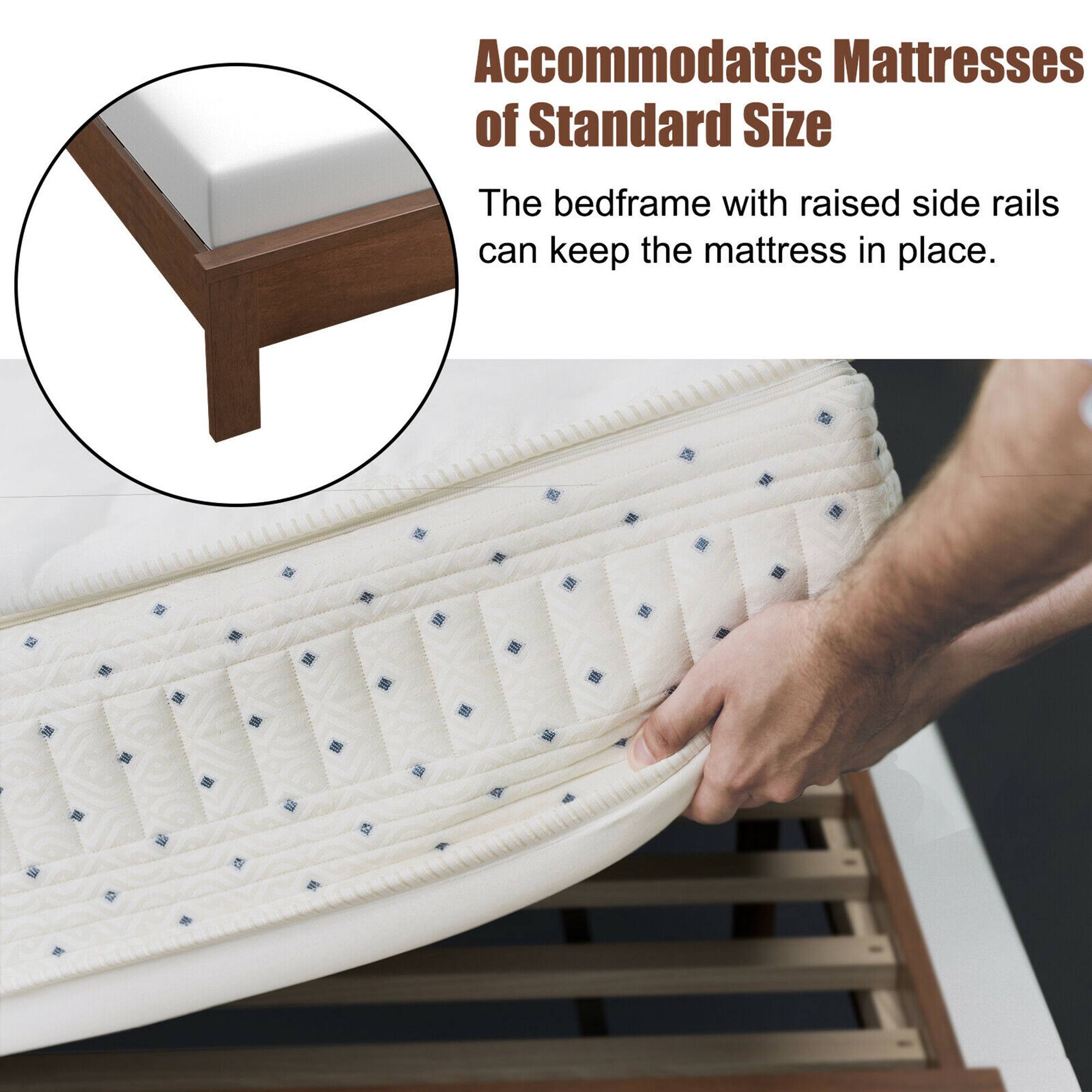 The text on the image reads: "Accommodates Mattresses of Standard Size The bedframe with raised side rails can keep the mattress in place."