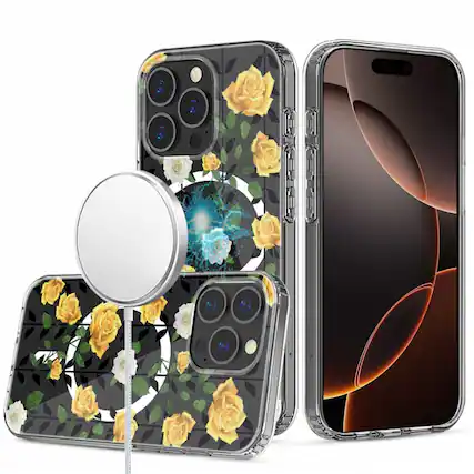 Front. Kitcheniva - Floral Print Clear Magnetic Circle Plus Tempered Glass For iPhone 16 Pro Max Case H - Multicolor.