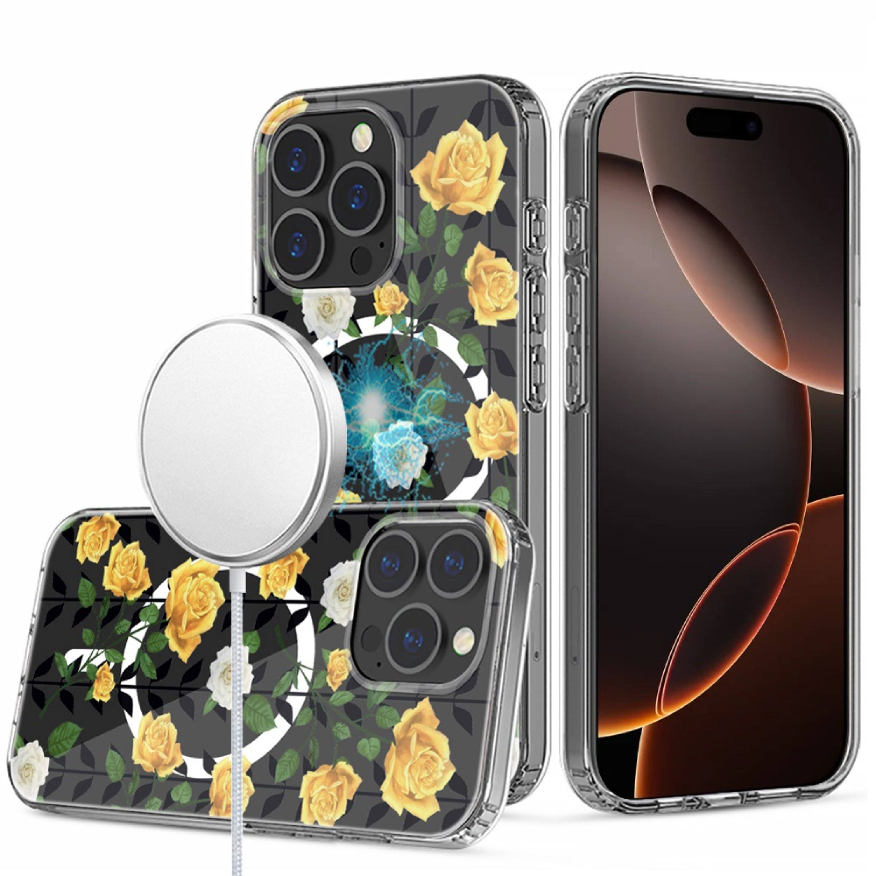 Front. Kitcheniva - Floral Print Clear Magnetic Circle Plus Tempered Glass For iPhone 16 Pro Max Case H - Multicolor.