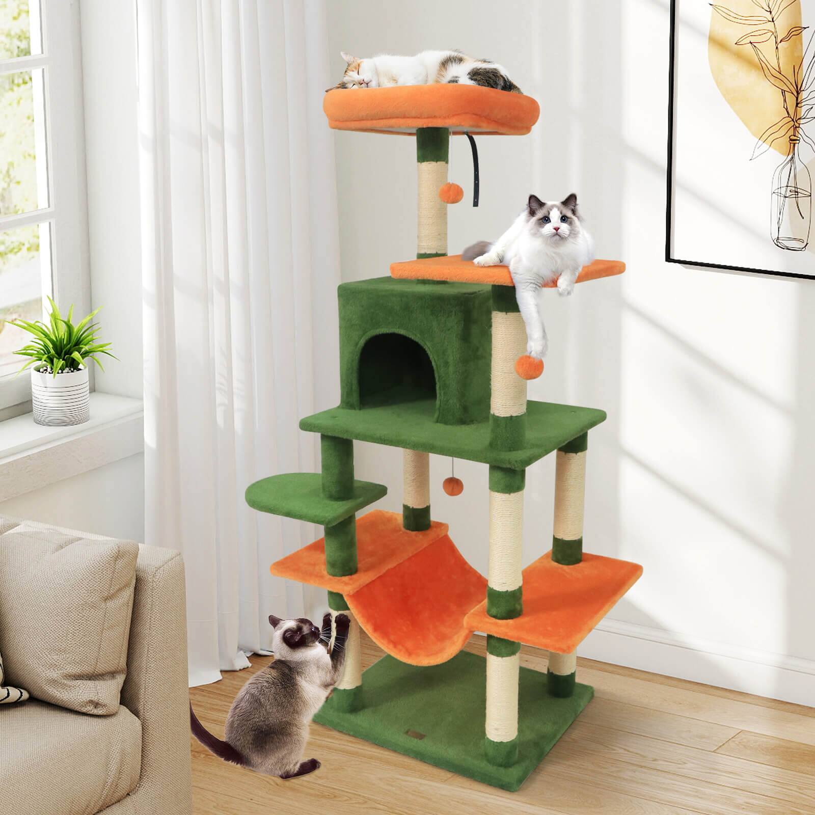 Alt View 3. Costway - Costway 58" Tall Multi-level Cat Tree with Upholstered Perch & Cat Condo, Comfy Hammock.