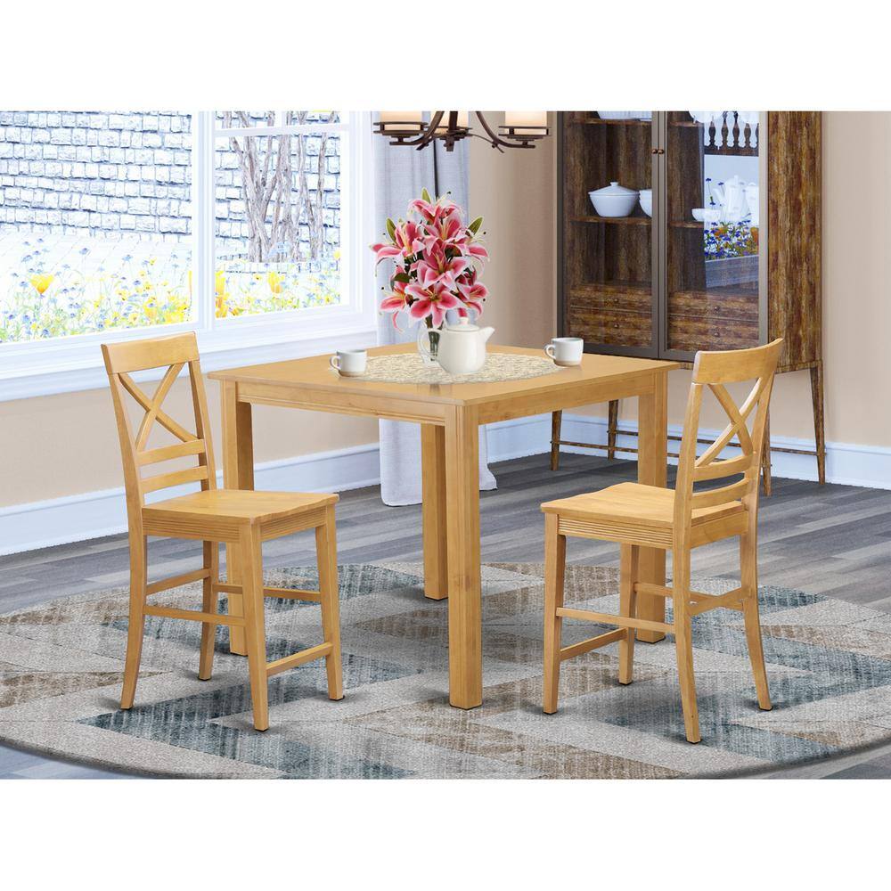 Back. East West Furniture - 3 Pc counter height pub set - high top Table and 2 Kitchen Dining Chairs. - Oak.