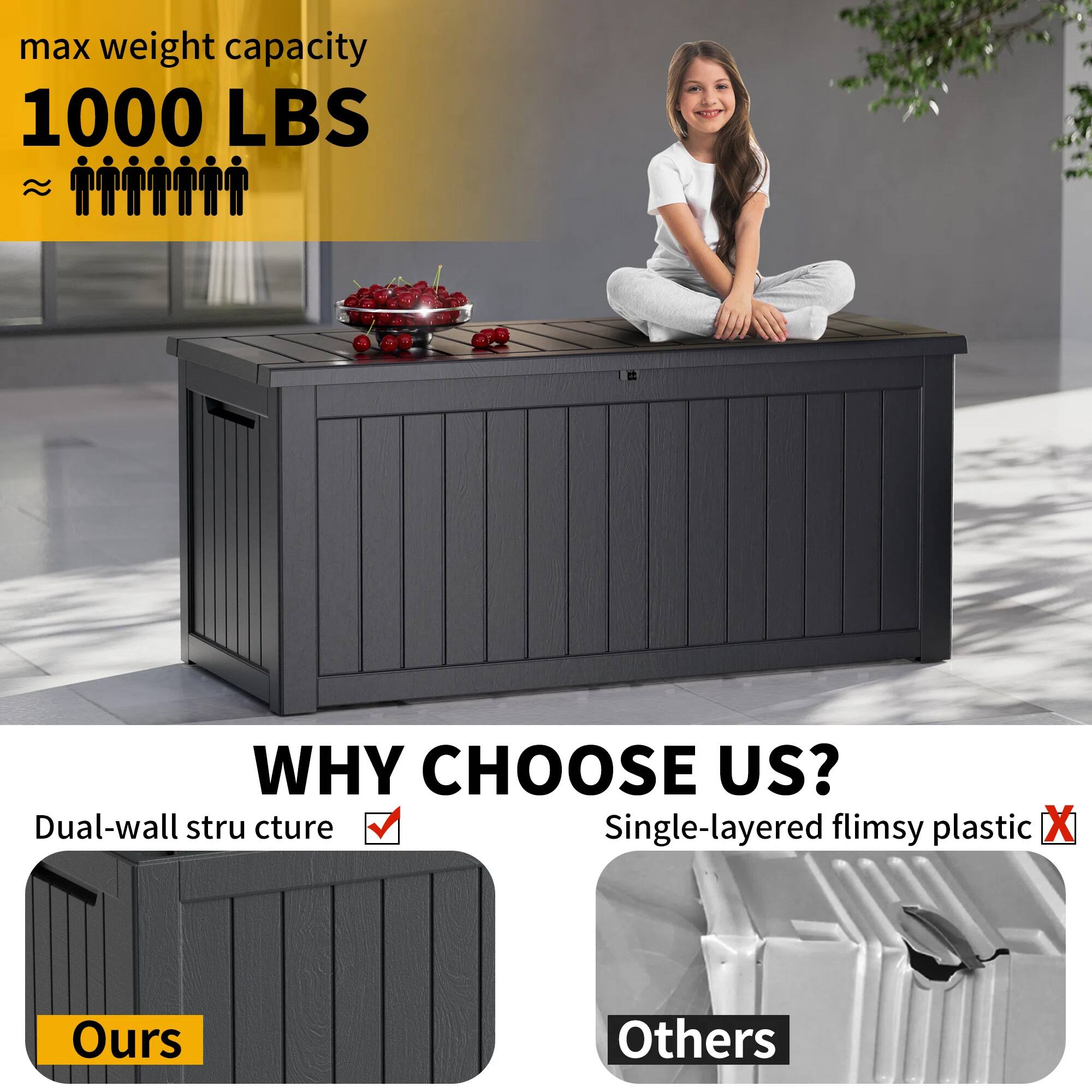max weight capacity  
1000 LBS  
~  

WHY CHOOSE US?  
Dual-wall structure ✓  
Single-layered flimsy plastic ❌  

Ours  
Others