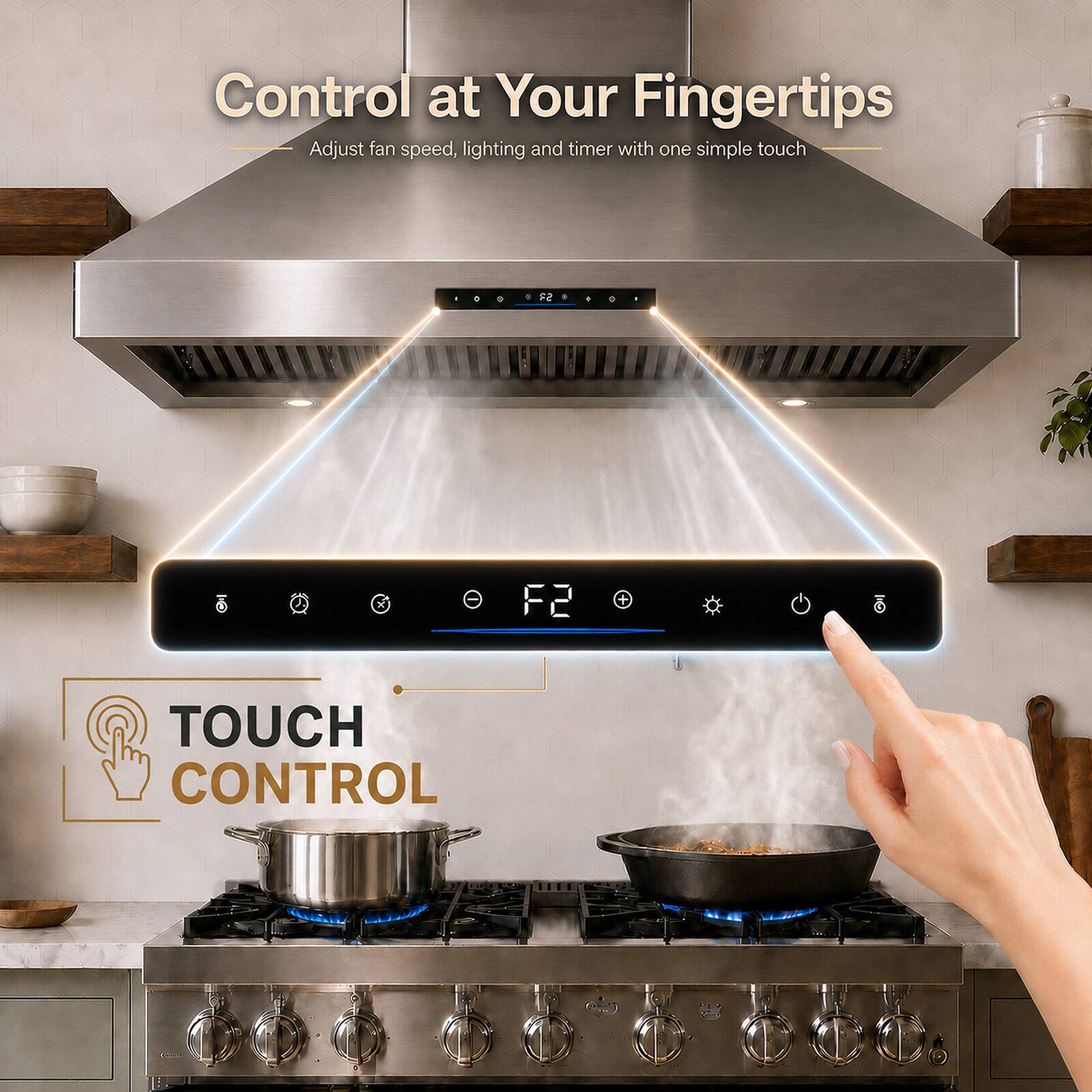 Control at Your Fingertips  
Adjust fan speed, lighting and timer with one simple touch  

TOUCH CONTROL