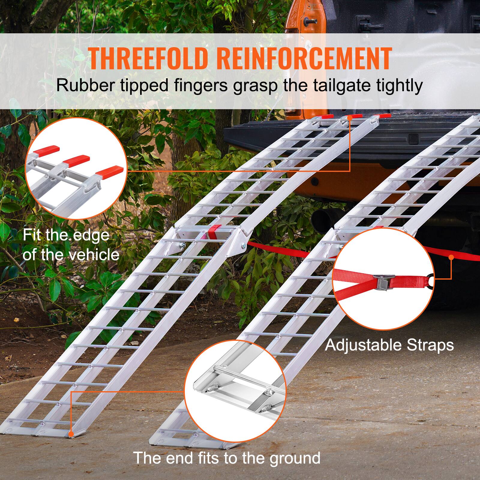 THREEFOLD REINFORCEMENT  
Rubber tipped fingers grasp the tailgate tightly  

Fit the edge of the vehicle  

Adjustable Straps  

The end fits to the ground