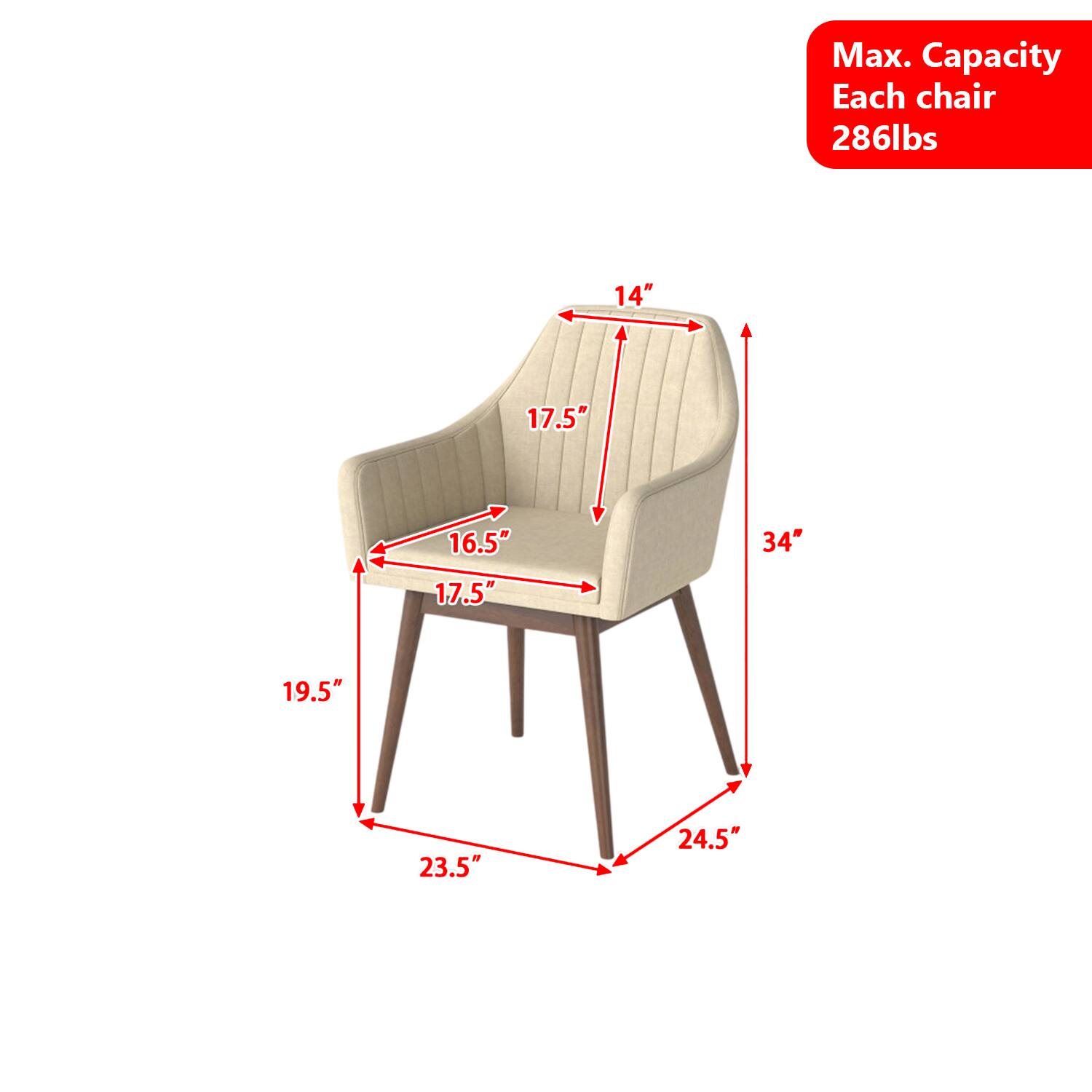 Max. Capacity Each chair 286lbs  
14" 17.5" 16.5" 17.5" 34" 19.5" 23.5" 24.5"