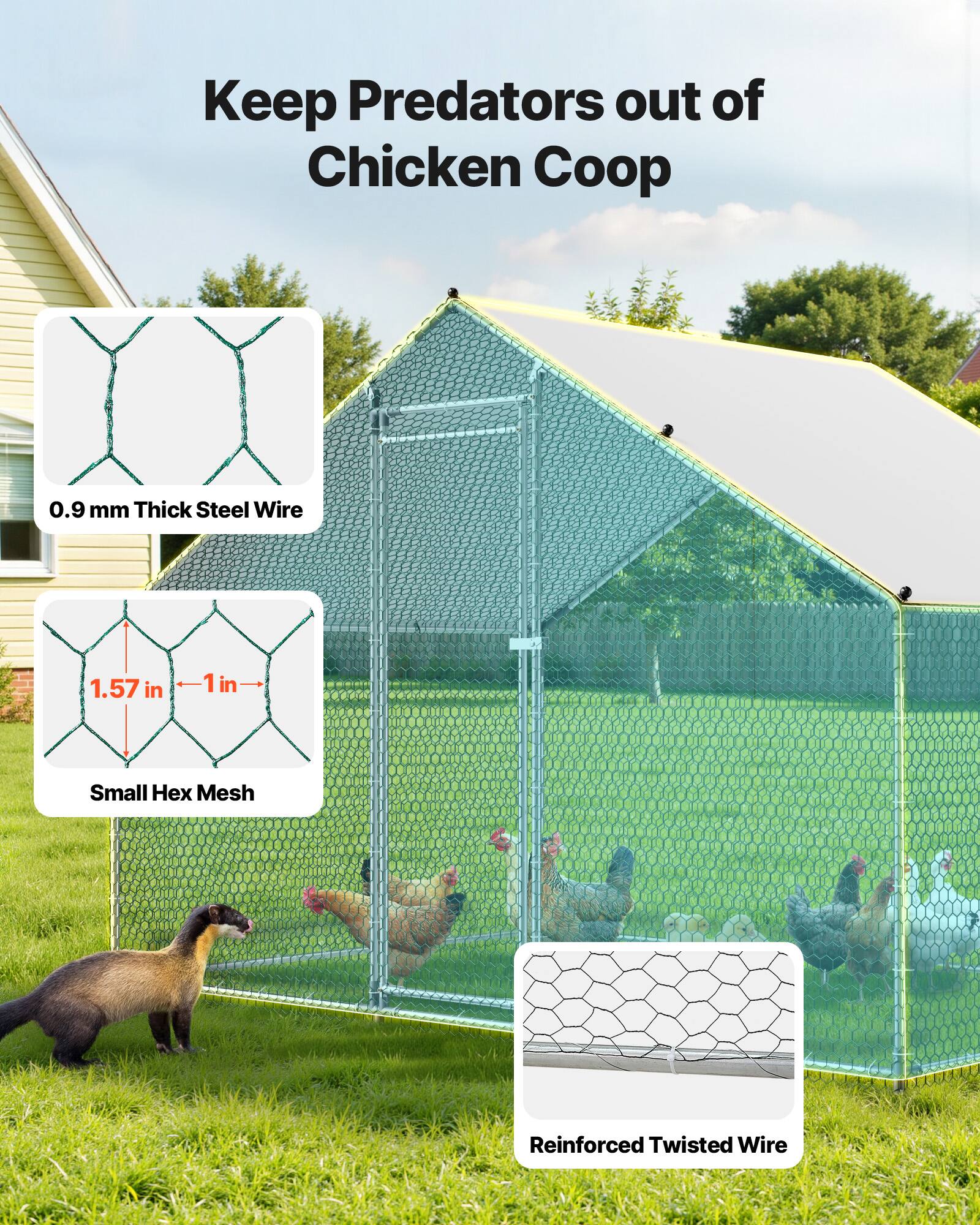 Keep Predators out of Chicken Coop

0.9 mm Thick Steel Wire

1.57 in 1 in Small Hex Mesh

Reinforced Twisted Wire