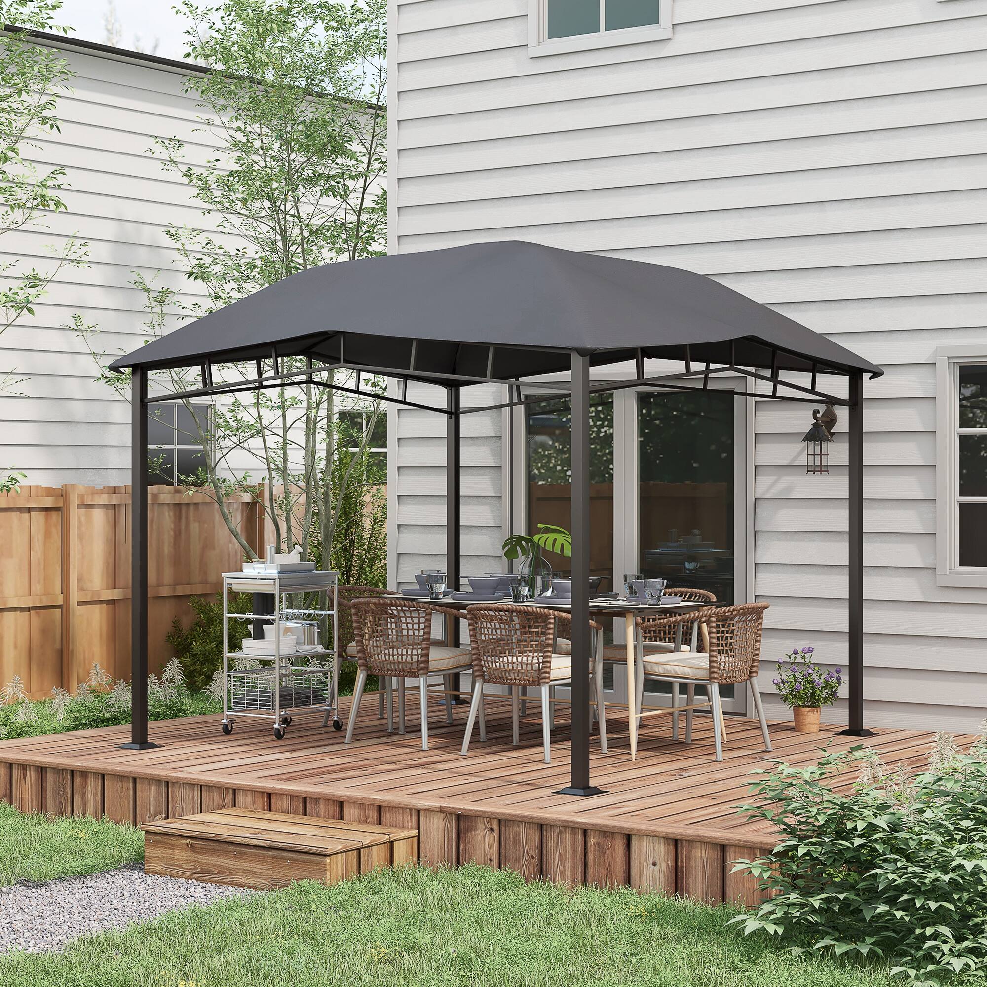 Angle. Outsunny - 10' x 10' Soft Top Patio Gazebo Outdoor Canopy with Unique Geometric Design Roof - Gray.