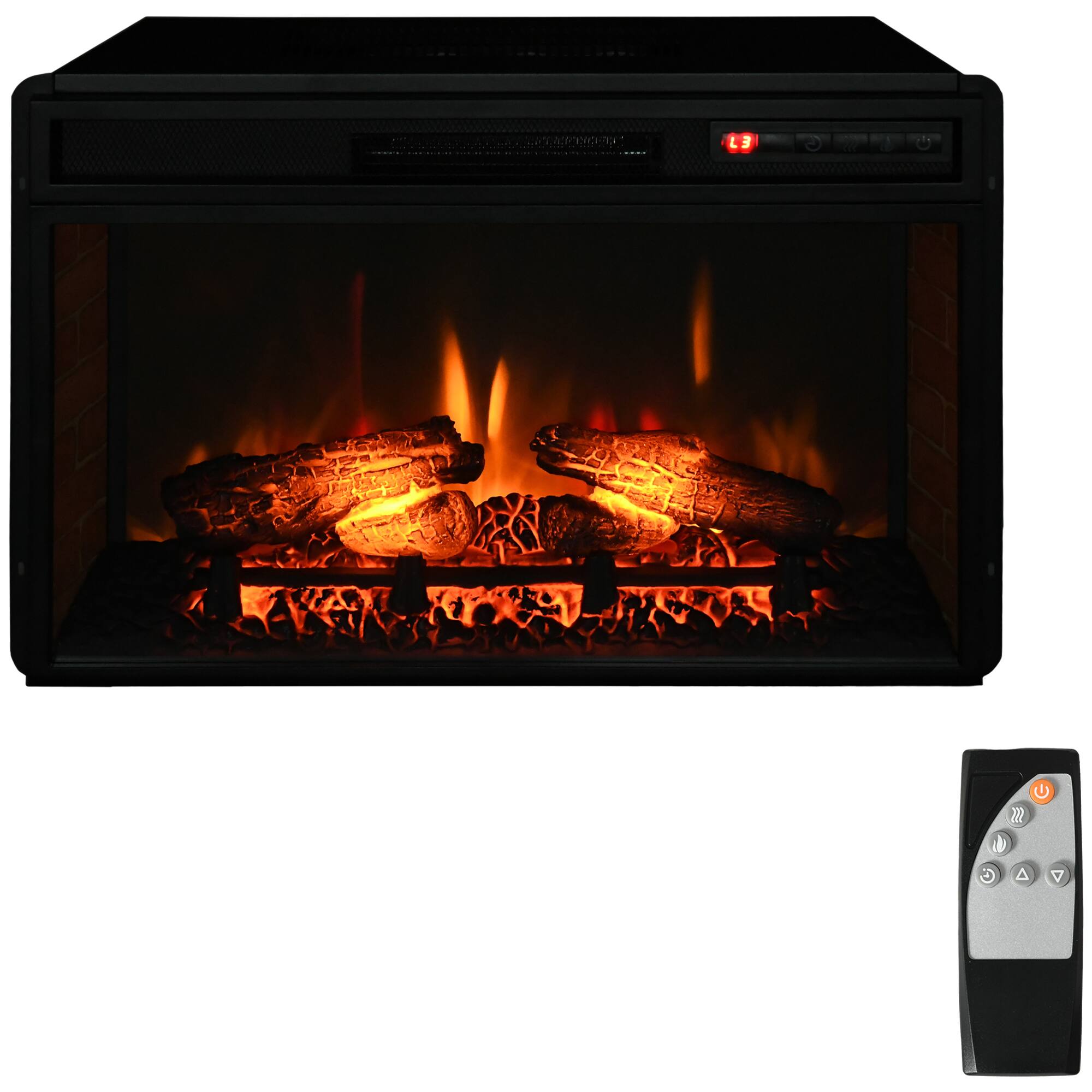 Front. Ecooso - 27 inch Recessed Electric Fireplace Insert with Realistic Log Flame, 1400W Heater and Remote - Black.
