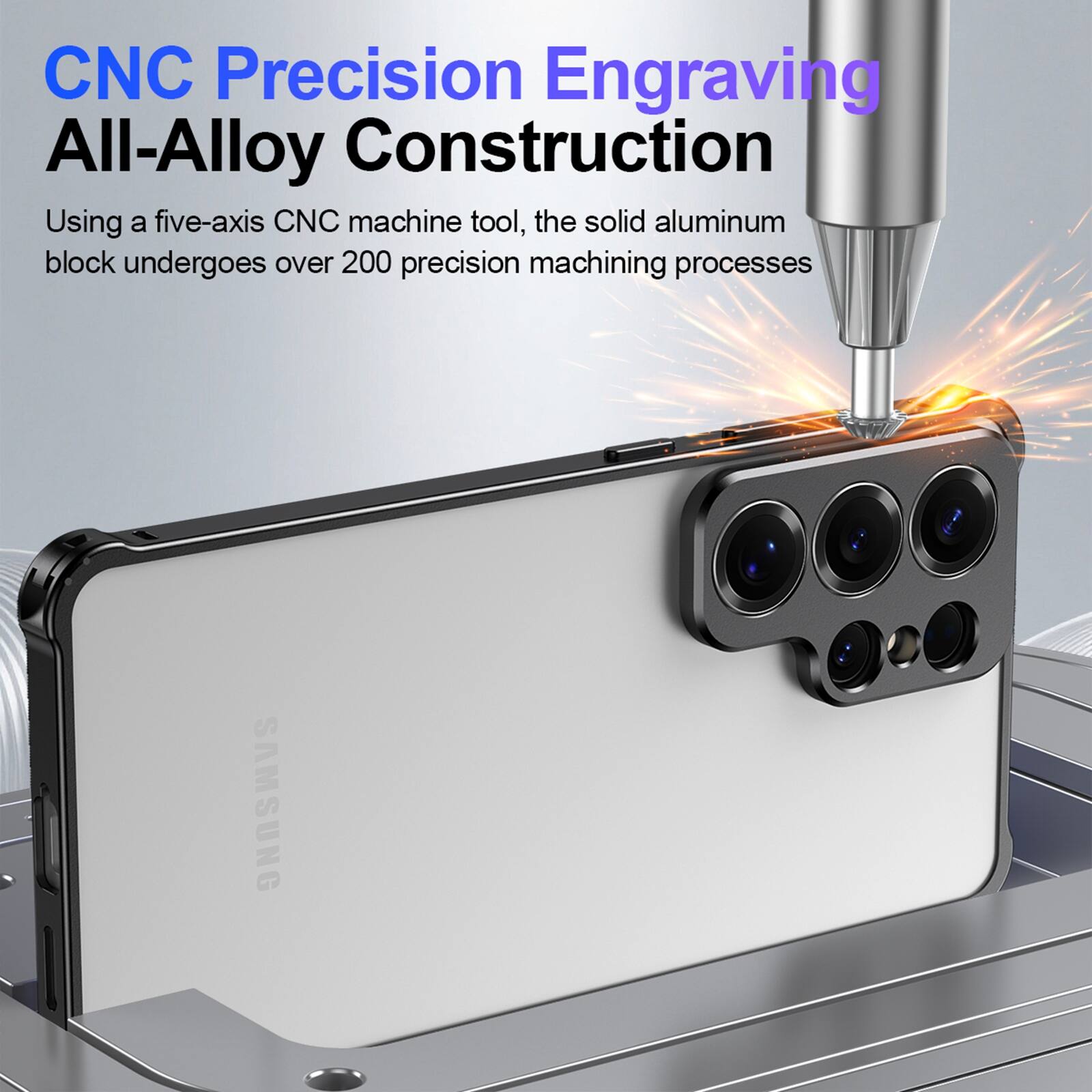 CNC Precision Engraving  
All-Alloy Construction  

Using a five-axis CNC machine tool, the solid aluminum block undergoes over 200 precision machining processes