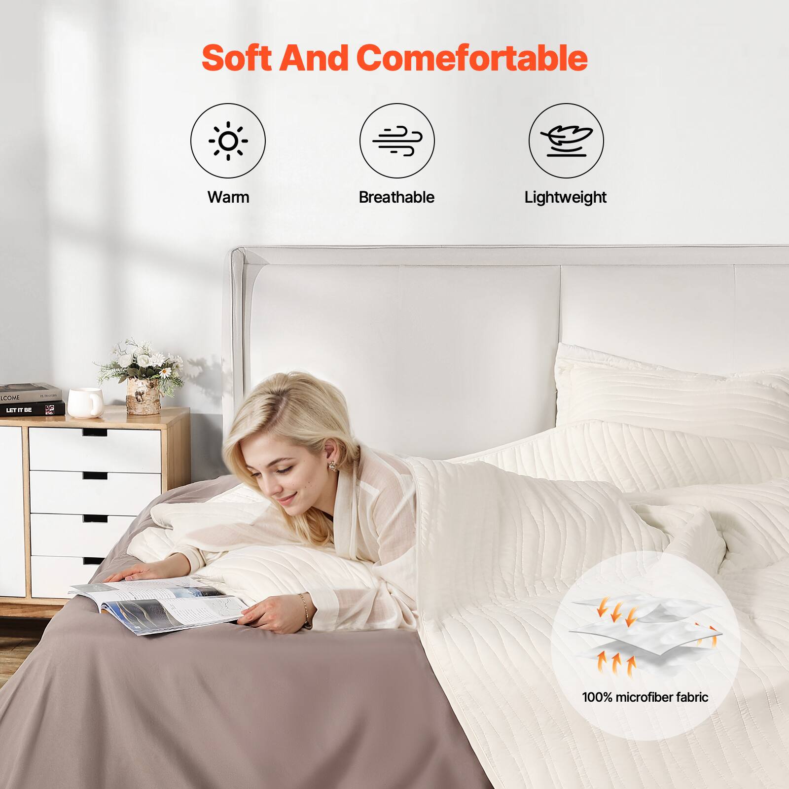 Soft And Comfortable

Warm  
Breathable  
Lightweight  

100% microfiber fabric