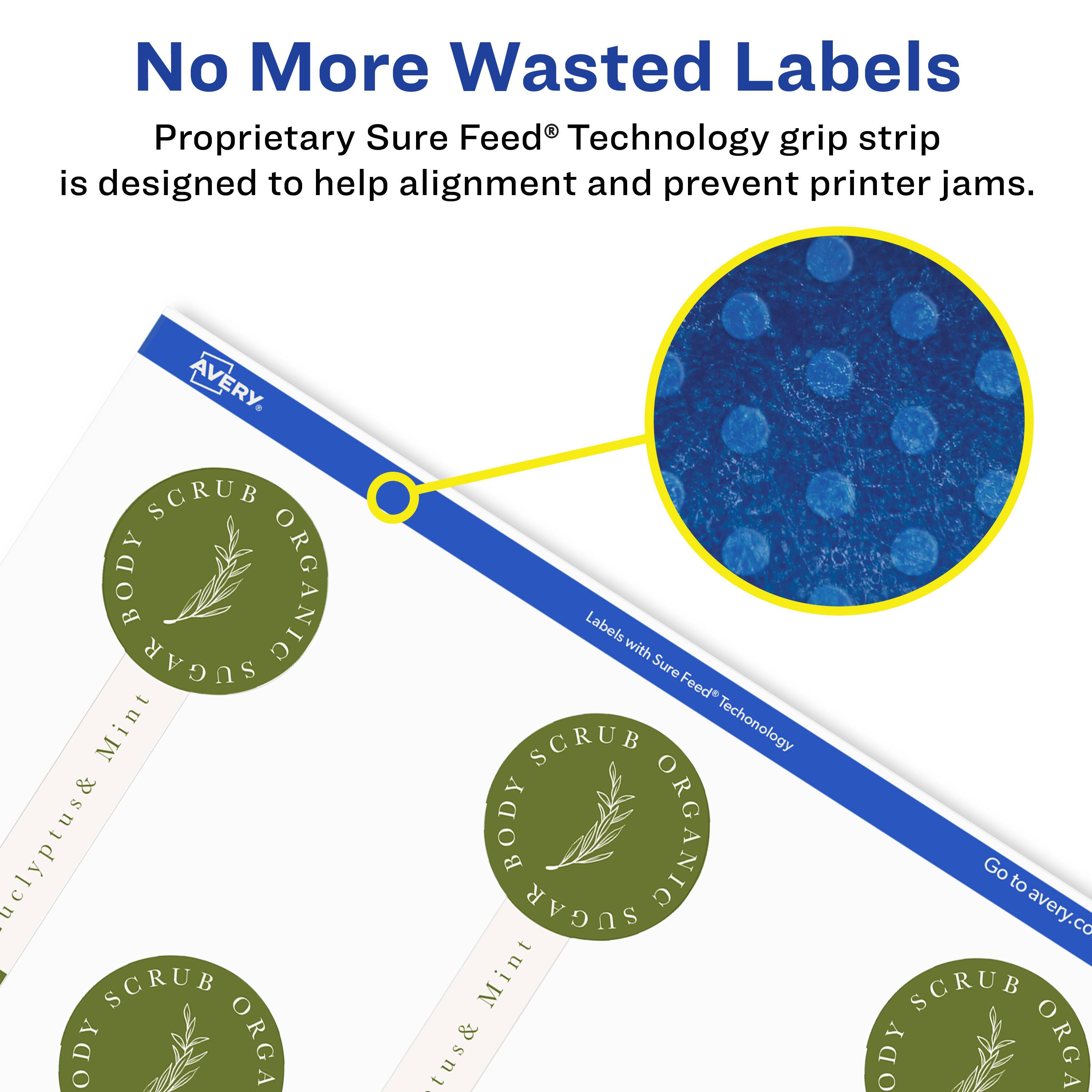 No More Wasted Labels

Proprietary Sure Feed® Technology grip strip is designed to help alignment and prevent printer jams.

AVERY

SCRUB BODY ORGANIC SUGAR Mint eucalyptus &

Labels with Sure Feed® Technology

Go to avery.com