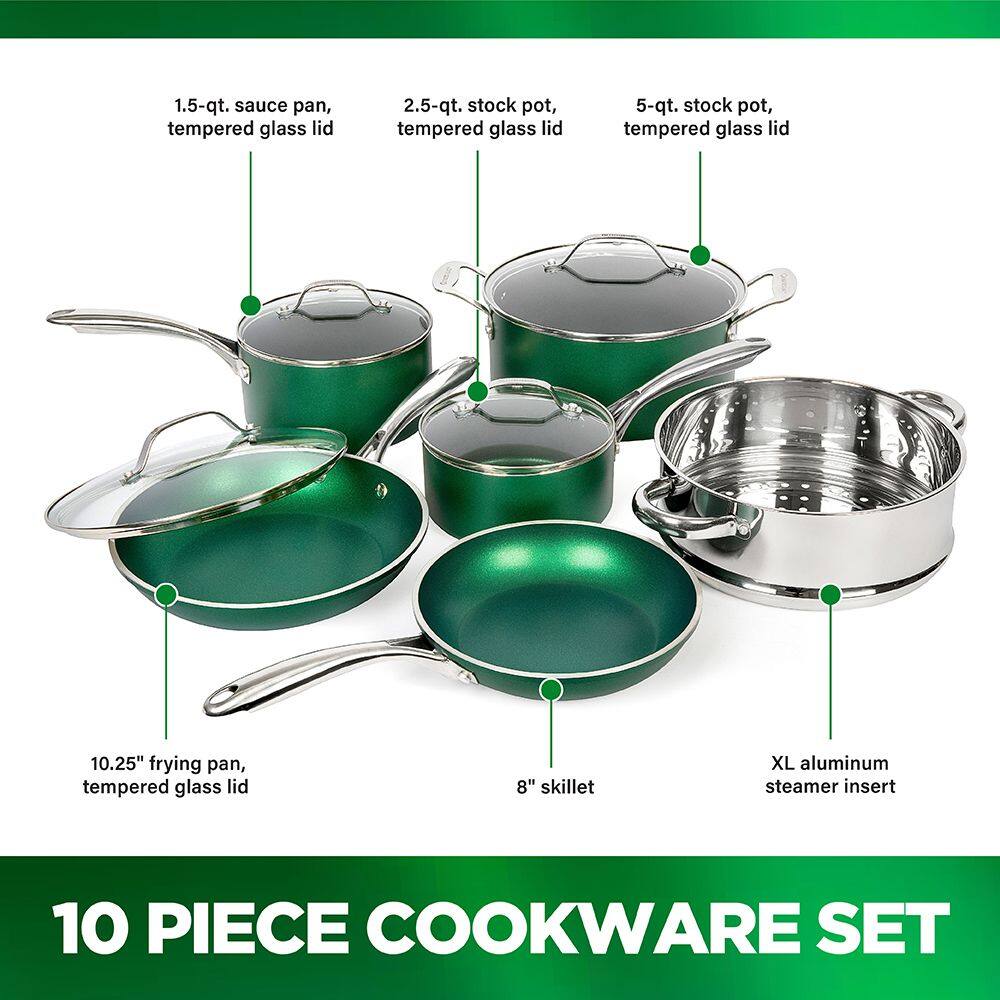 1.5-qt. sauce pan, tempered glass lid  
2.5-qt. stock pot, tempered glass lid  
5-qt. stock pot, tempered glass lid  
10.25" frying pan, tempered glass lid  
8" skillet  
XL aluminum steamer insert  
10 PIECE COOKWARE SET