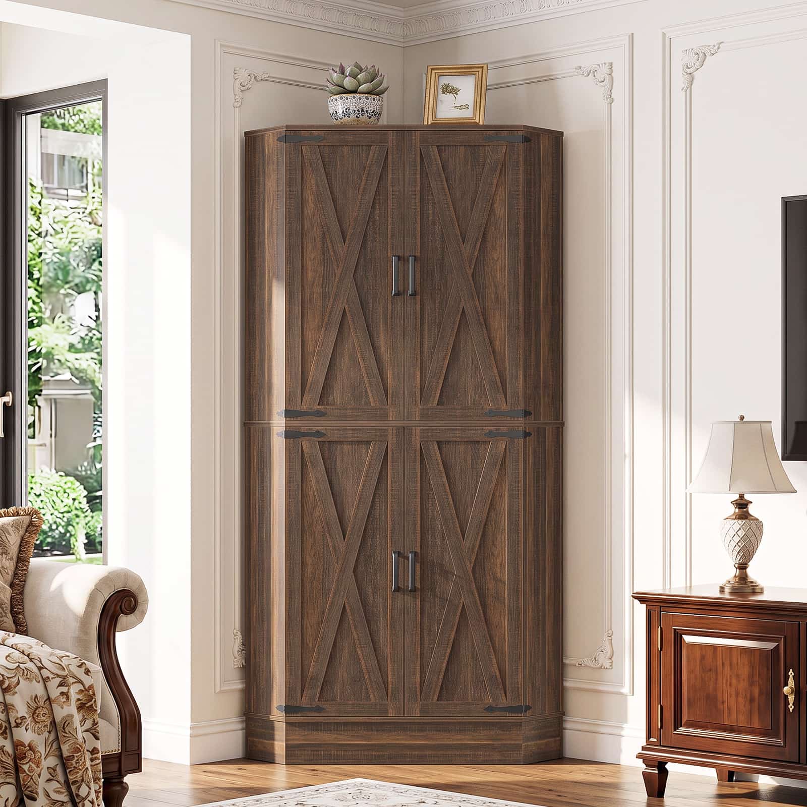 Alt View 3. Aheaplus - 70'' Tall Farmhouse Corner Pantry Storage Cabinet, Storage Cupboard with Drawer and 3 Adjustable Shelves - Weathered Brown.