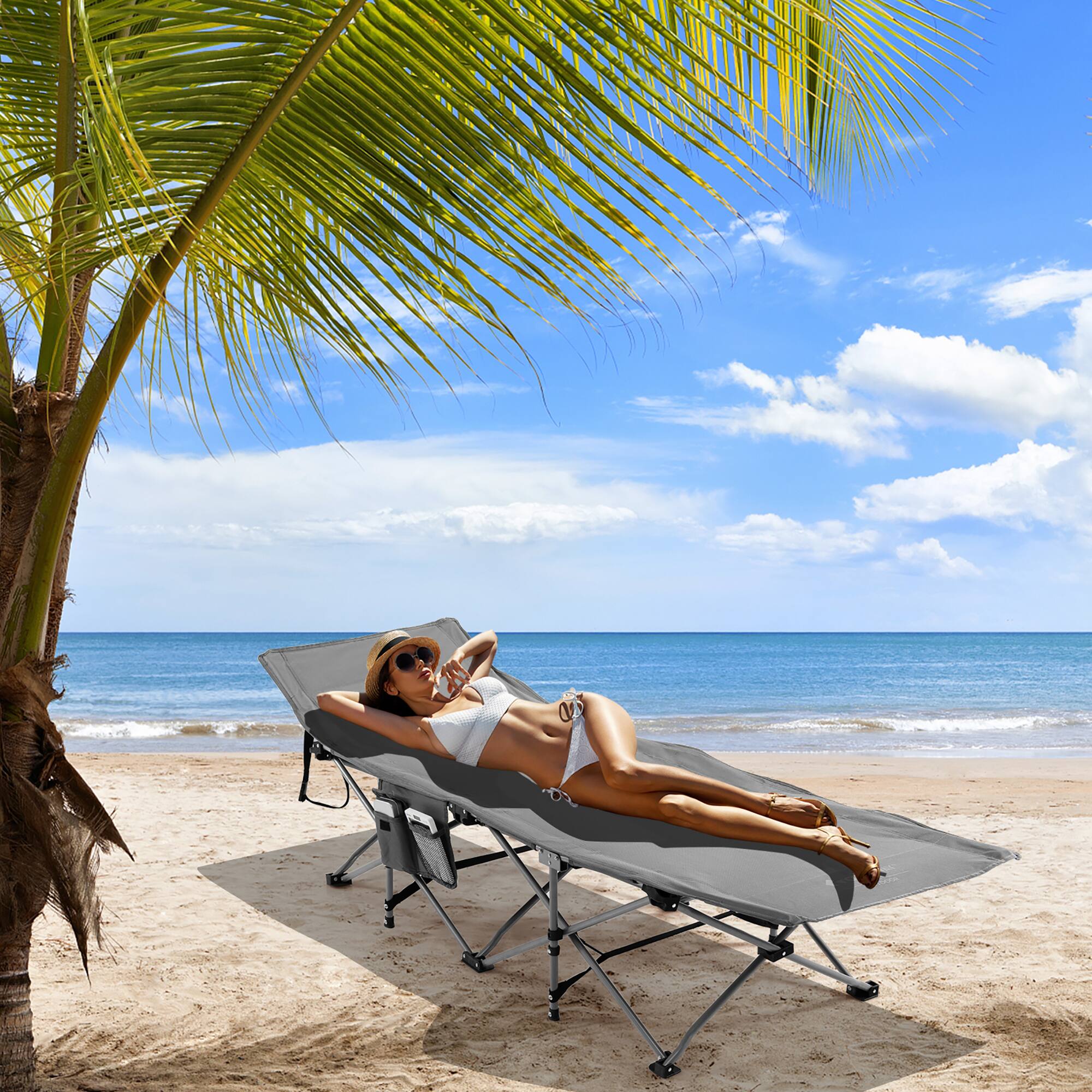 Alt View 1. Costway - Costway Folding Retractable Travel Camping Cot w/Removable Mattress & Carry Bag - Grey.