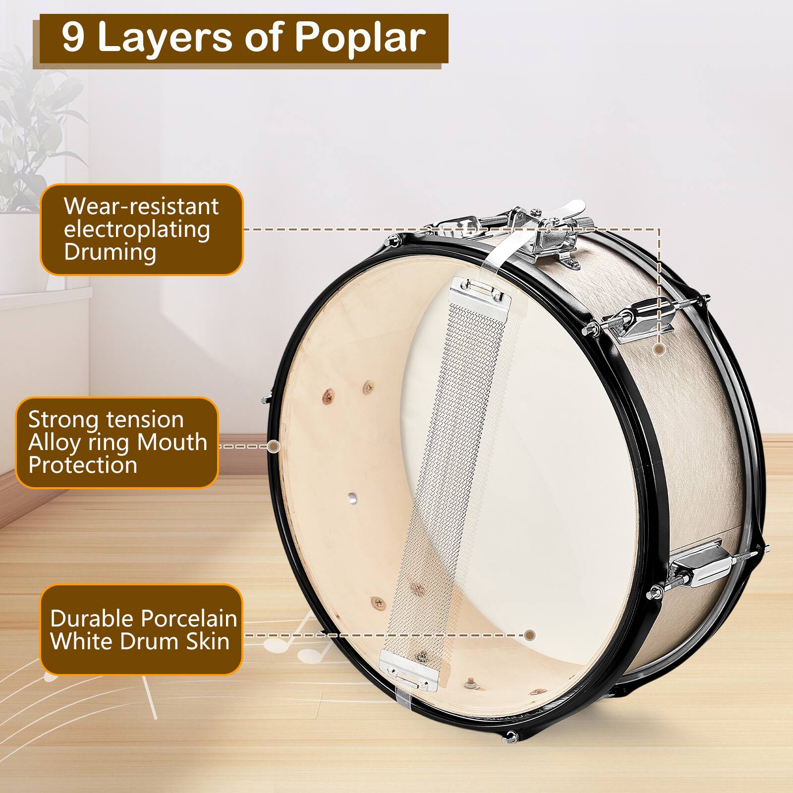 9 Layers of Poplar

- Wear-resistant electroplating Drumming
- Strong tension Alloy ring Mouth Protection
- Durable Porcelain White Drum Skin