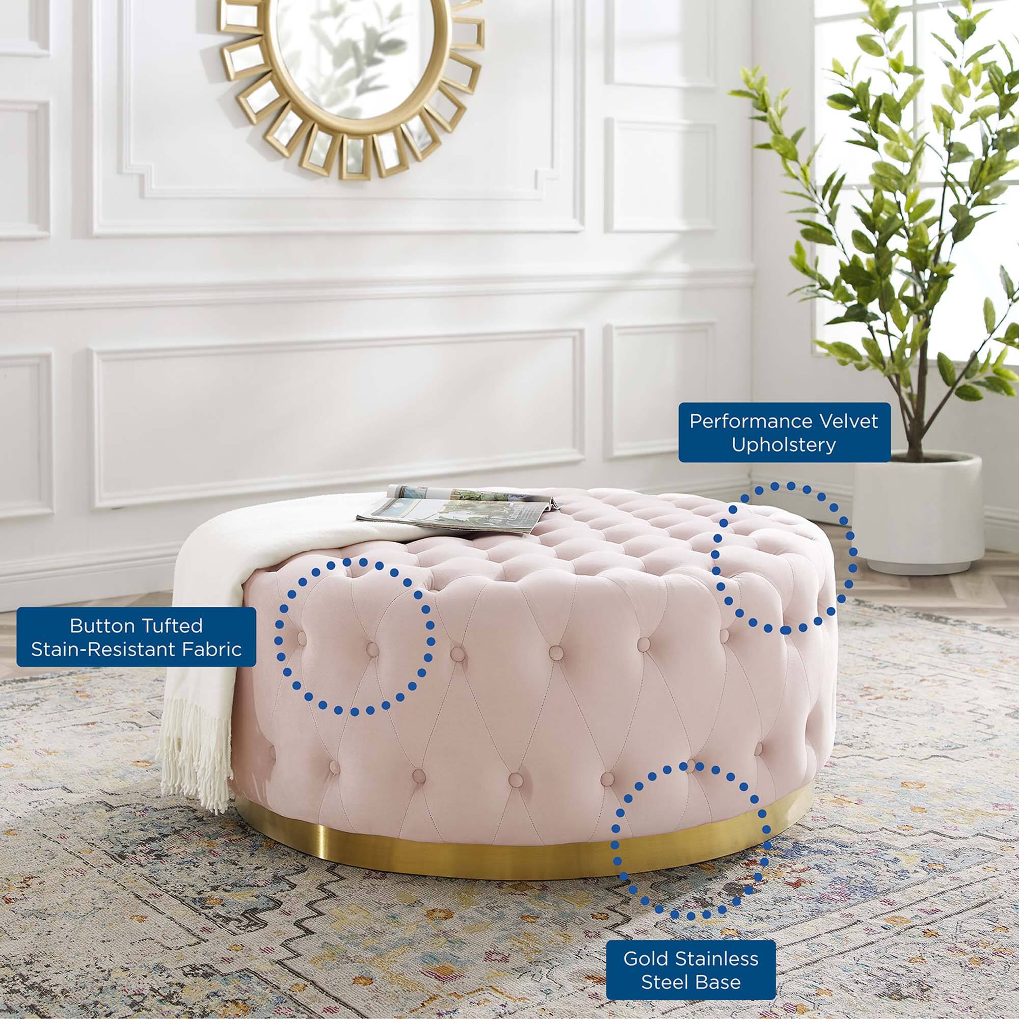 - Performance Velvet Upholstery
- Button Tufted Stain-Resistant Fabric
- Gold Stainless Steel Base