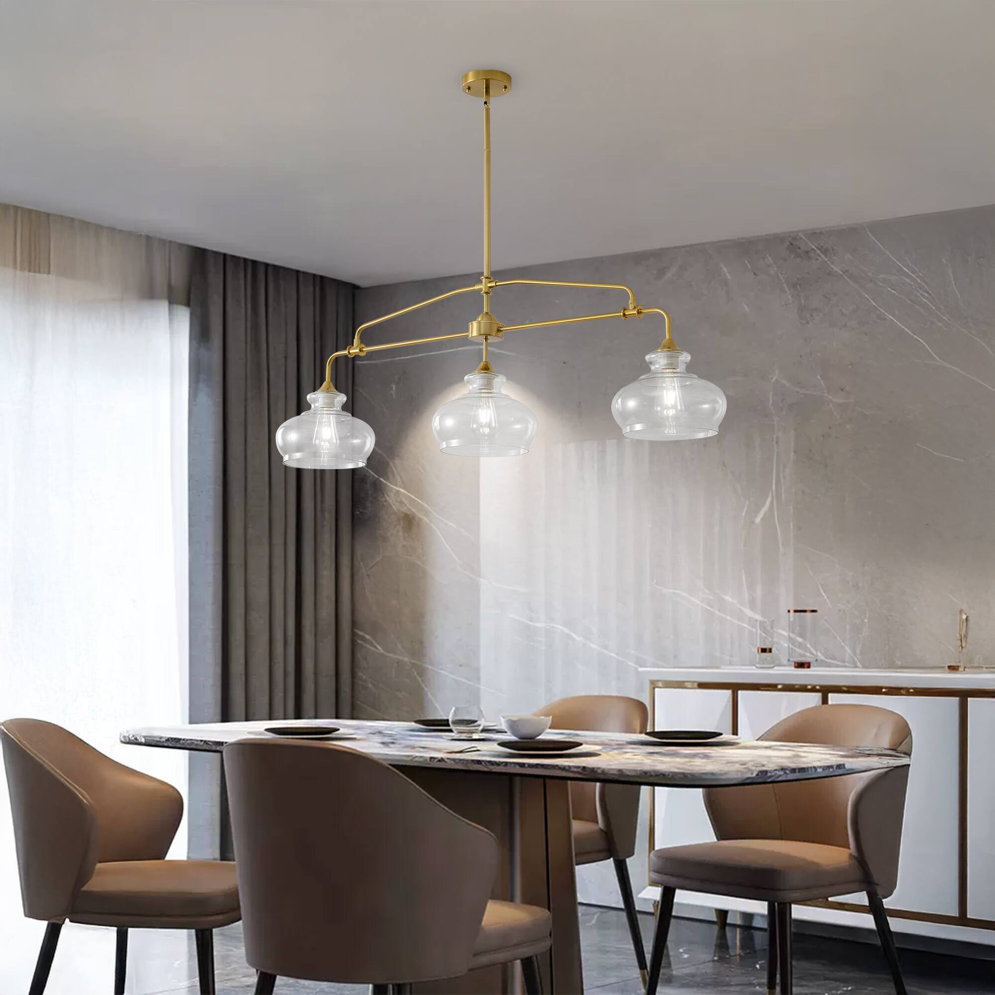 Back. RYHNUYNE - 3-Light Adjustable Brass Kitchen Island Pendant Light with Clear Glass Shades Dimmable Farmhouse Chandelier.