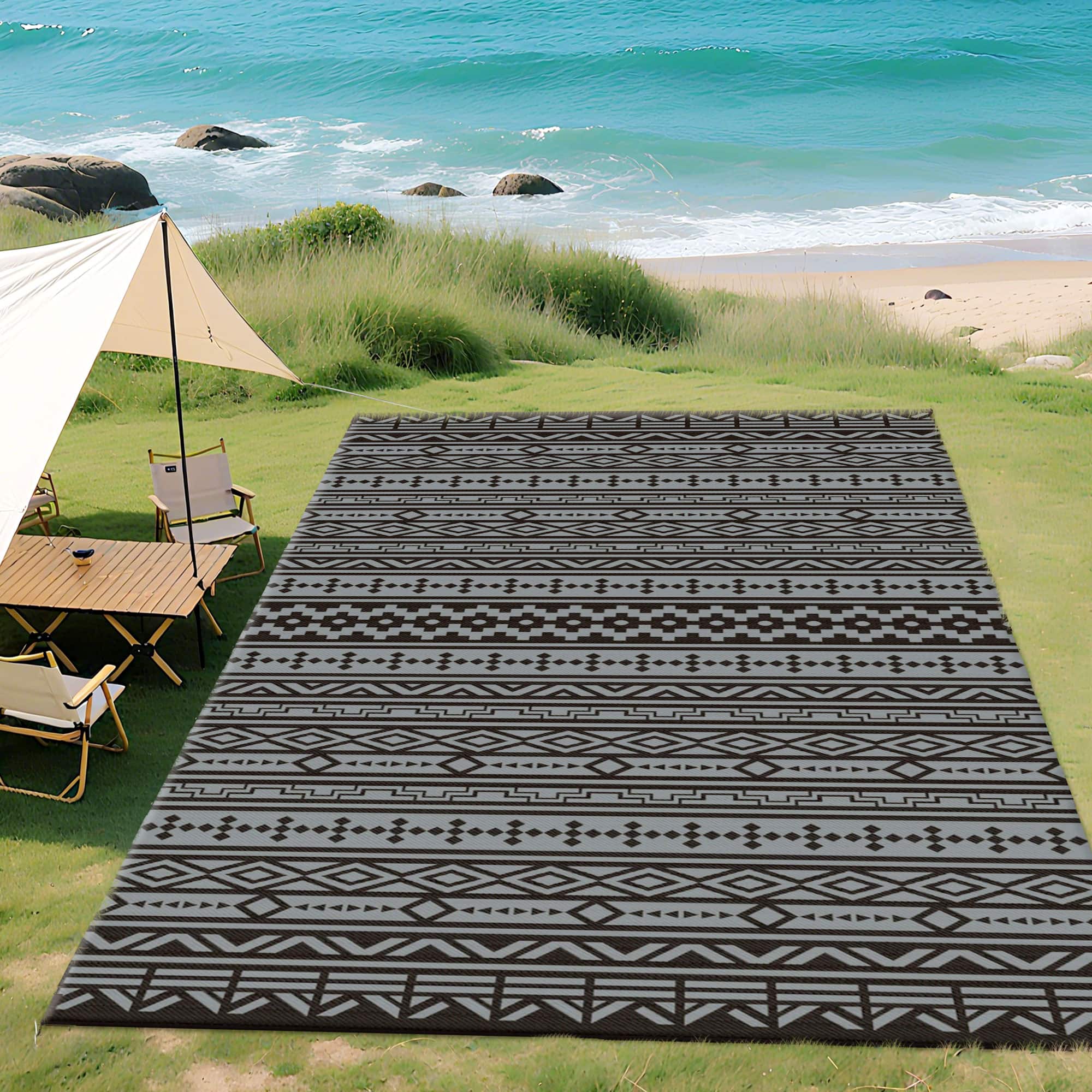 Outsunny - Outdoor Rug for Patio, 9' x 18' Waterproof Large Mat, Reversible Plastic Straw Rug for Décor - Black and Gray Geometric Wall