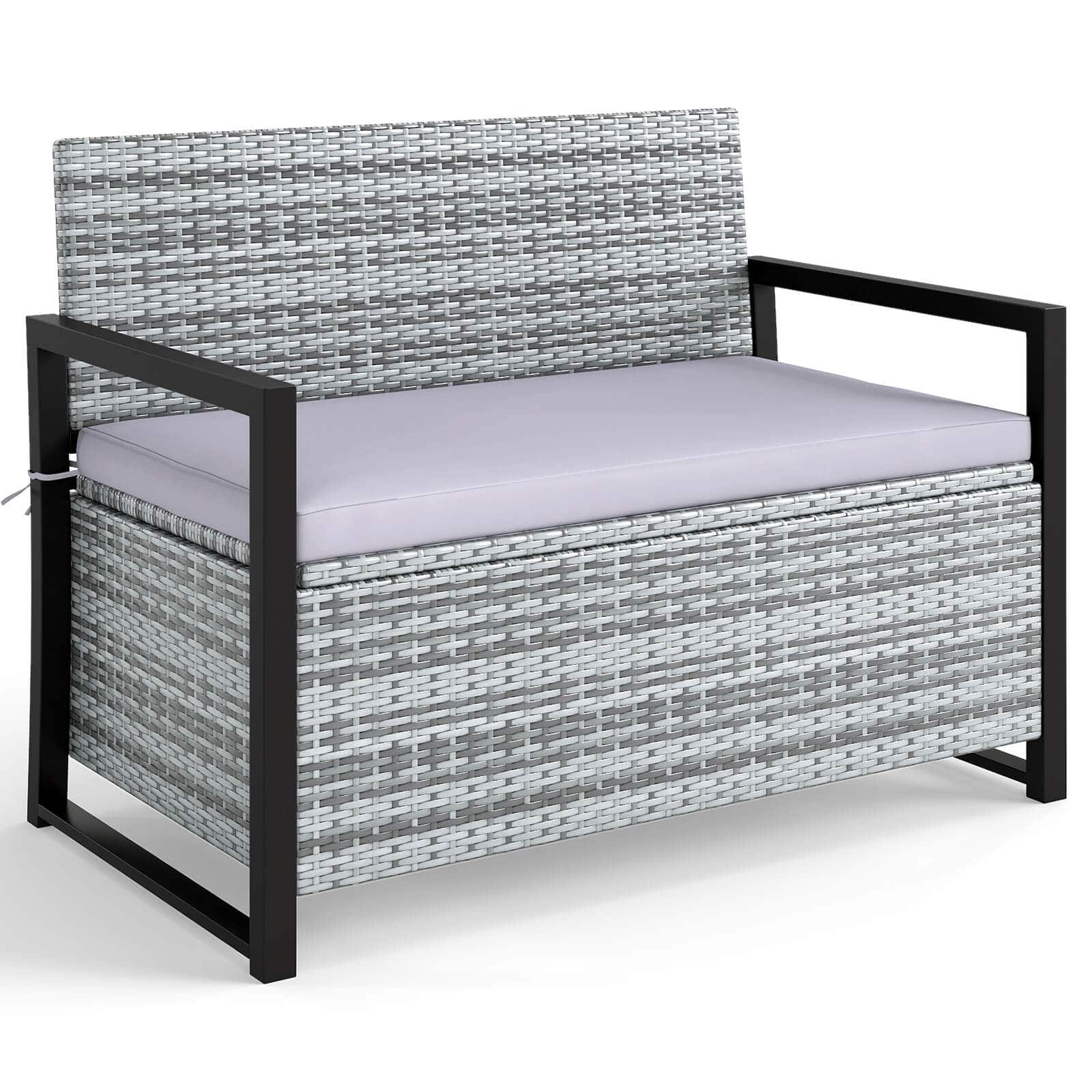 Costway - Patio Storage Bench Wicker Loveseat with Built-in Storage & Long Seat Cushion - Gray