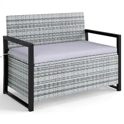 Front. Costway - Costway Patio Storage Bench Wicker Loveseat with Built-in Storage & Long Seat Cushion - Gray.