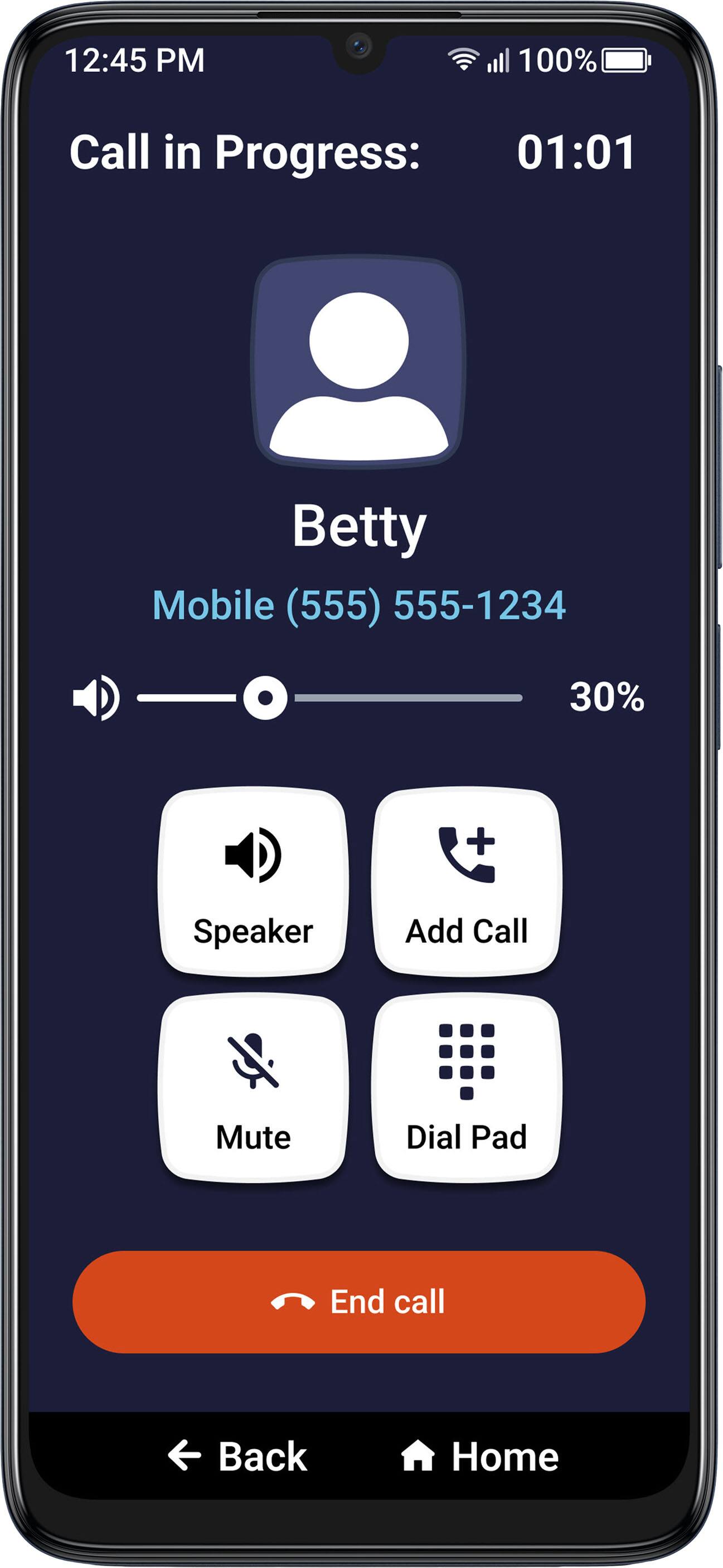 12:45 PM 100% Call in Progress: 01:01 Betty Mobile (555) 555-1234 30% + Speaker Add Call Mute Dial Pad End call Back Home
