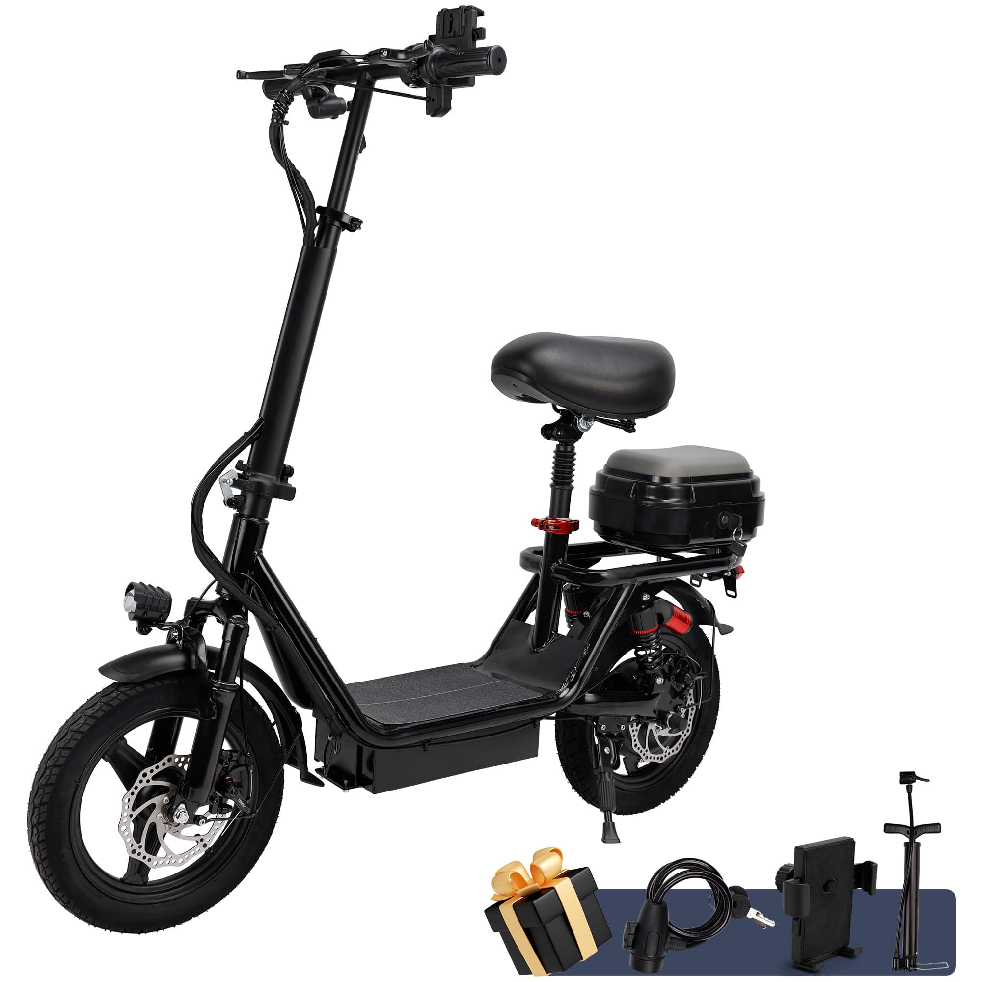 Topteng - ​​500W Electric Commuter Scooter with Seat & Basket - 20MPH, 30 Mile Range, 14" Tires, Foldable​ , Dual Brake System - Black