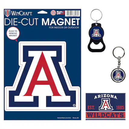 HCNO WINCRAFT. I. : | C 2085 88003 DIE-CUT MAGNET FOR INDOOR OR OUTDOOR PUSH TO REMOVE MAGNET A A A R ARIZONA. A EST. 1885 2 WILDCATS wwwncram Made in the U.S.A. winona MI