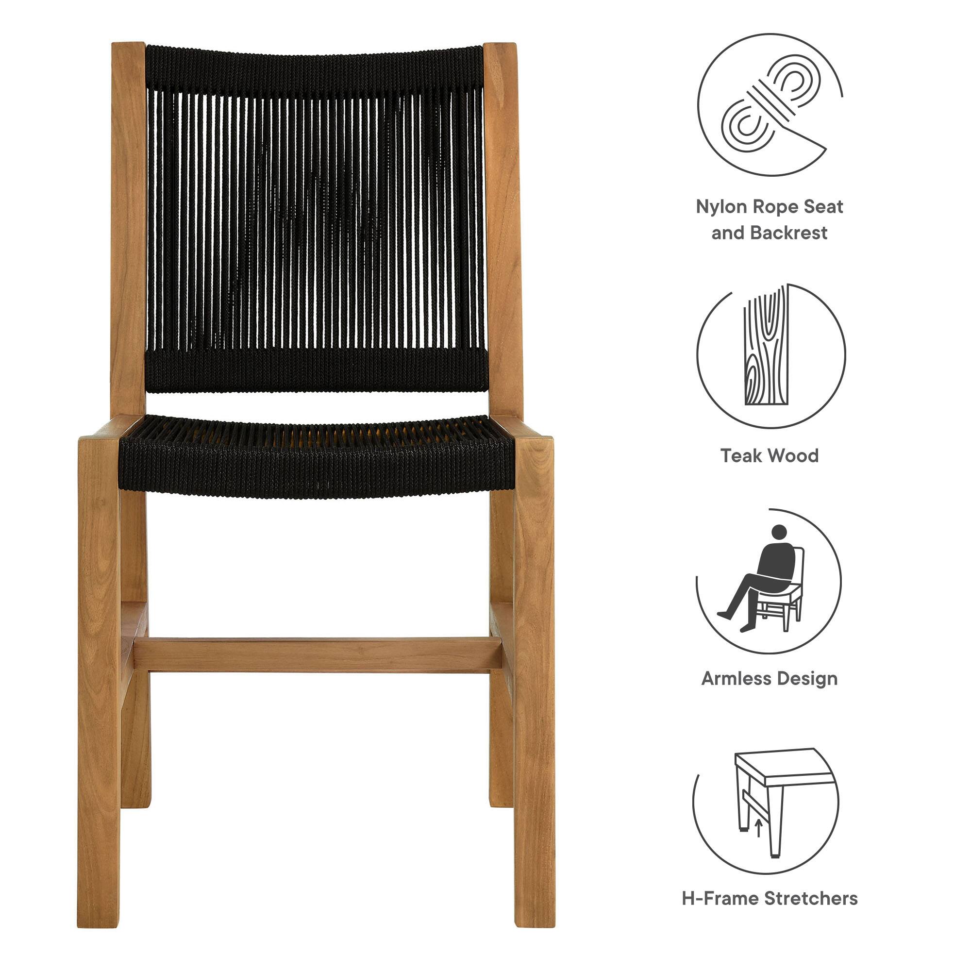 Nylon Rope Seat and Backrest  
Teak Wood  
Armless Design  
H-Frame Stretchers