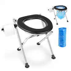 Front. VEVOR - Portable Toilet for Camping, 350 lbs Weight Capacity, Stainless Steel Foldable Camp Travel Toilet with Soft Seat - Black.