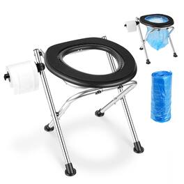 VEVOR - Portable Toilet for Camping, 350 lbs Weight Capacity, Stainless Steel Foldable Camp Travel Toilet with Soft Seat - Black