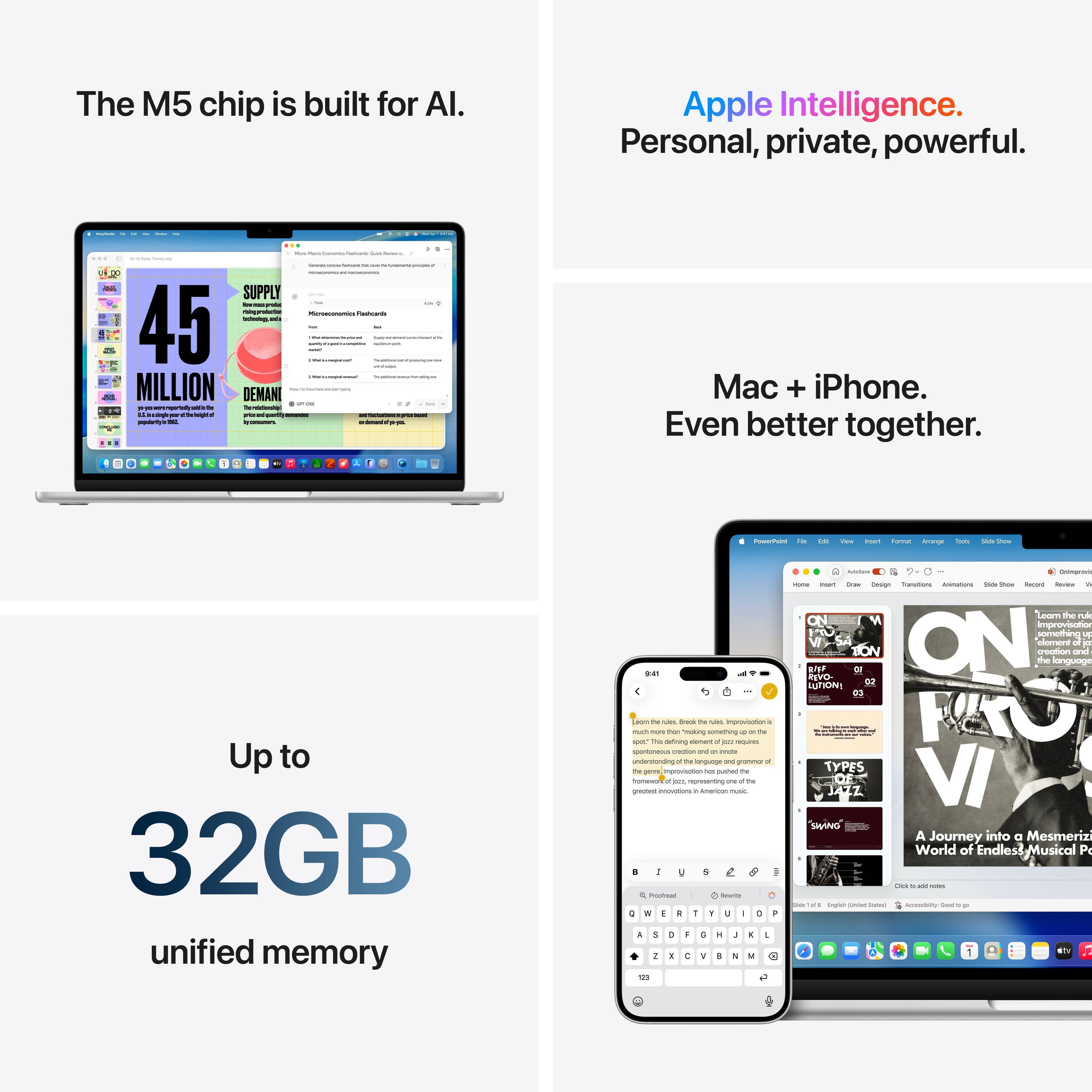 The M5 chip is built for AI.  
Apple Intelligence.  
Personal, private, powerful.  

SUPPLY - 45 MILLION DEMAND - + Mac + iPhone.  
Even better together.  

Up to 32GB unified memory  

A Journey into the Mesmerizing World of Endless Musical Possibilities
